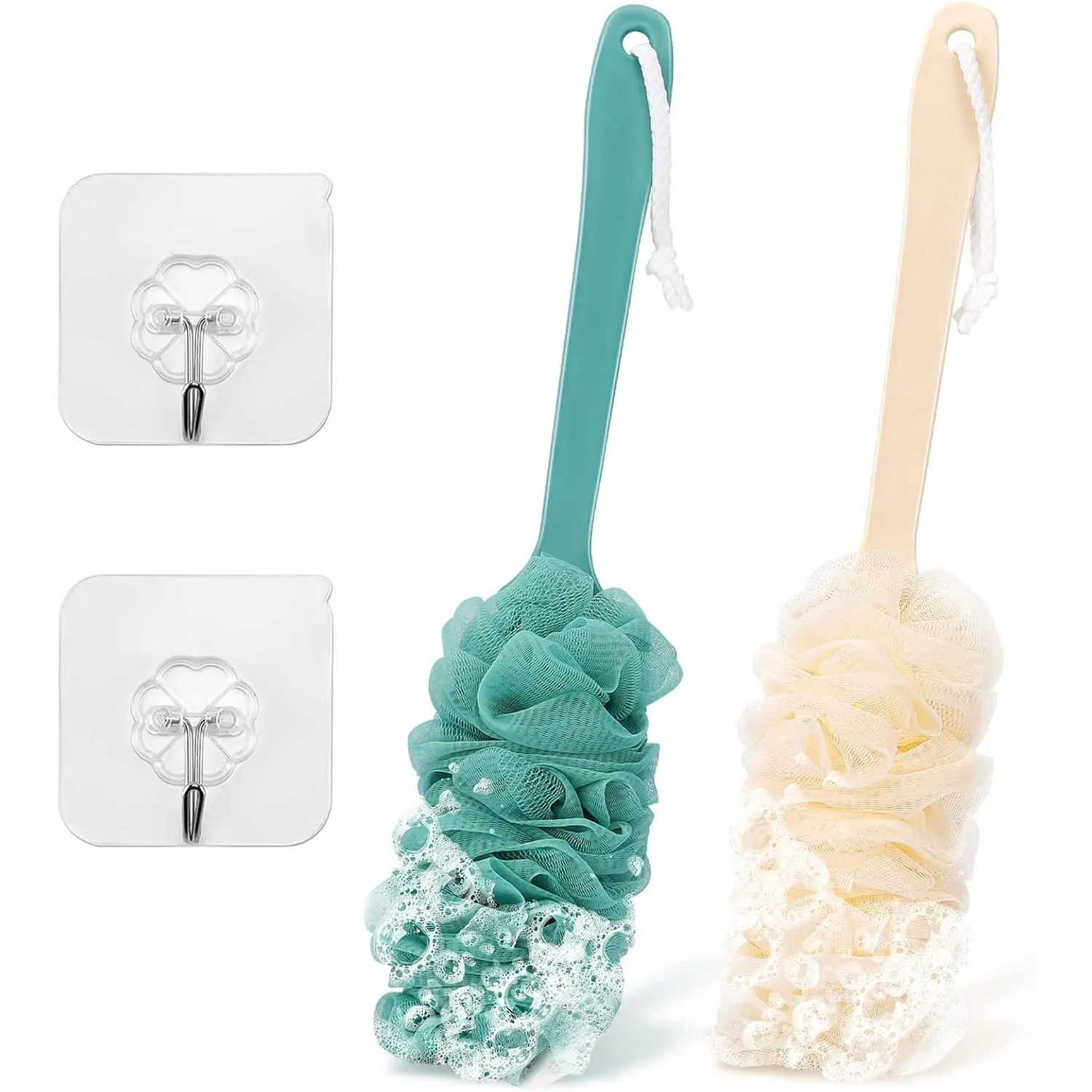 2Pack Back Scrubber for Shower Loofah with Long Handle, Shower Brush for Body, 17″ Loofah on a Stick for Men Women Bathing Accessories, Scrubber Sponge for Exfoliating Bath Brushes (Beige & Green)