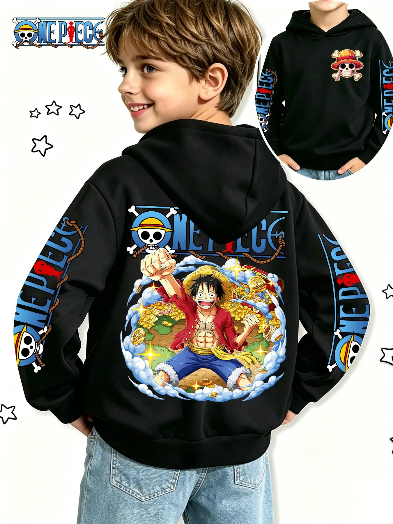 One Piece Official Boys' Anime Sweatshirt, Luffy Treasure Theme, Casual Loose-Fit, Spring & Fall, Perfect for Gifts and Daily Wear