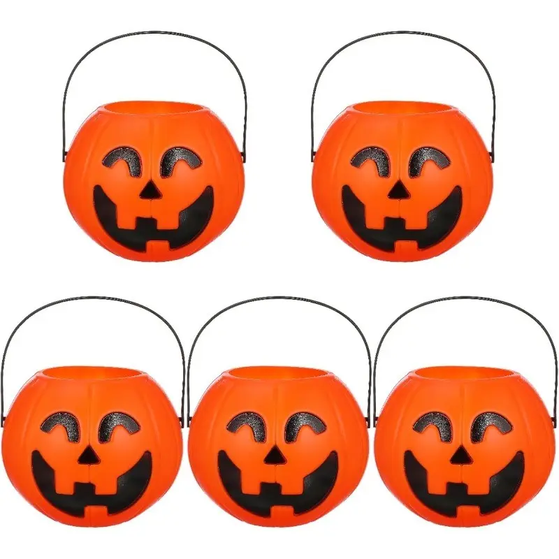 5-Pack Halloween Pumpkin Buckets with Durable Hooks, Ghost Face Design, Portable Candy Containers, Perfect for Halloween Parties and Fall Events