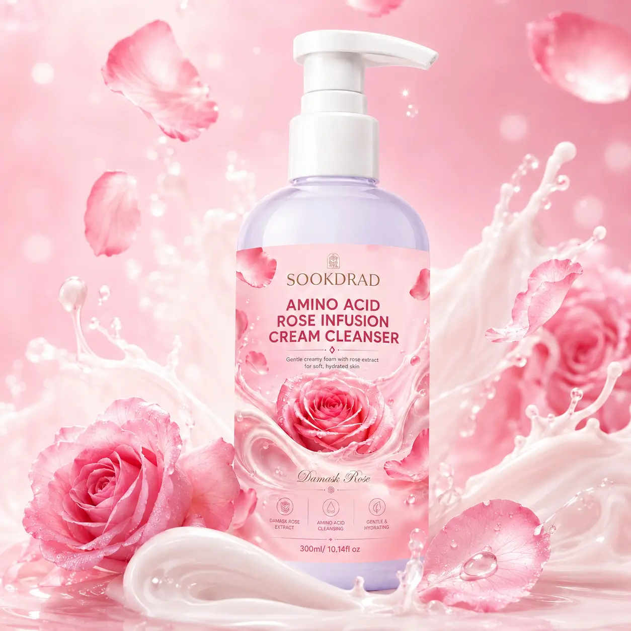 Amino Acid Rose Infusion Cream Cleanser, Damask Rose Extract, gentle creamy foam, soft hydrated skin, gentle cleansing, hydrating, facial cleanser, Gentle Foaming Cleanser, 300ml/10.14fl oz
