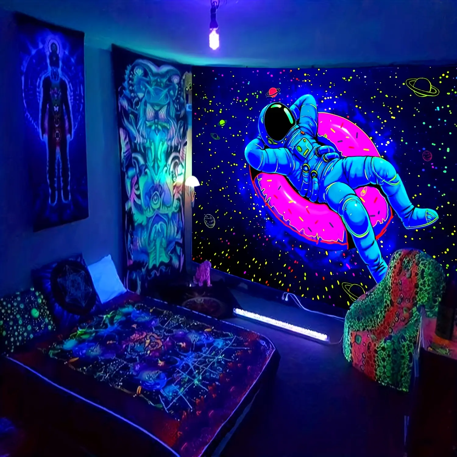 1pc Interesting Astronaut Donuts UV Black Light Tapestry, Starry Sky Large Size Peach Skin Fluorescent Tapestry, Bedroom Aesthetic Hanging Tapestry for Bedroom Party Dressing Office Living Room Home Decor, with Free Accessories