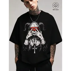 Alt Style Third Eye Demon Nun T-shirt, Unisex Vintage Washed Black Tee, Occult Cross Print Casual Short Sleeve for Streetwear & Outings