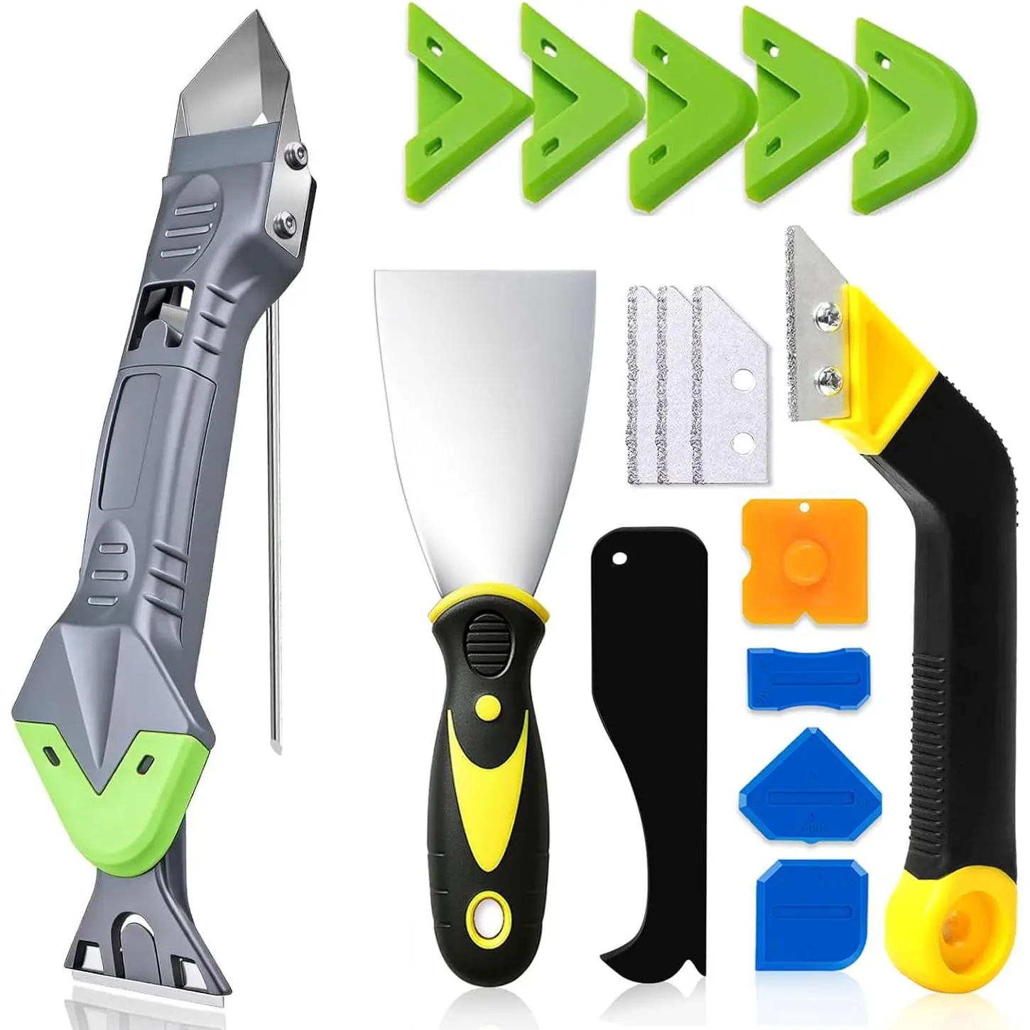 5 in 1 Caulking Tool, Caulking Grout Removal tool kit| Remover Tool with Stainless Head, Knife, 3 Glue Corner Scrapers, for Sink