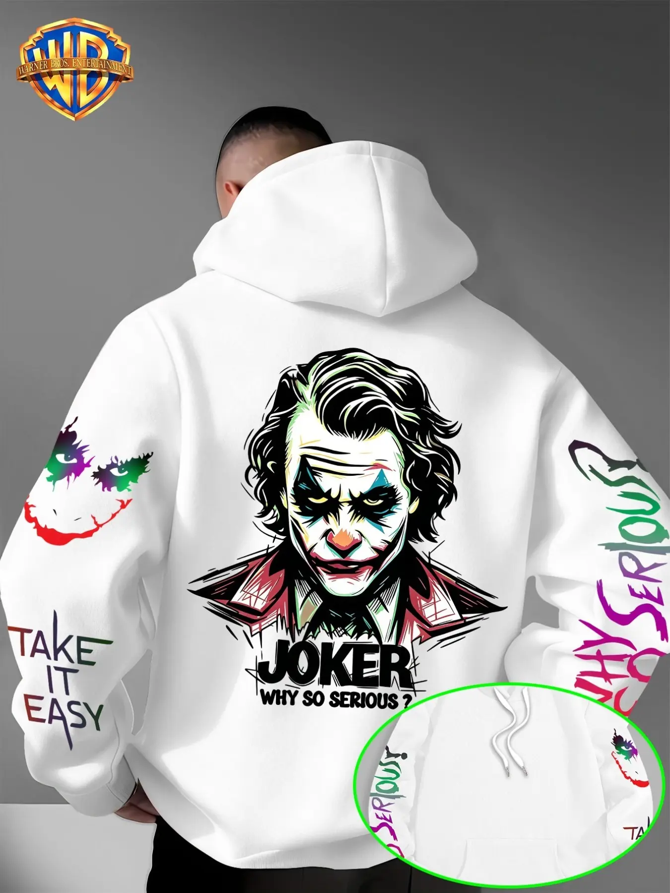 Warner Bros Men's Joker Hoodie, Classic Quote Design, Colorful Line Art Pattern, Casual Gothic Street Style, Loose-Fit Pullover