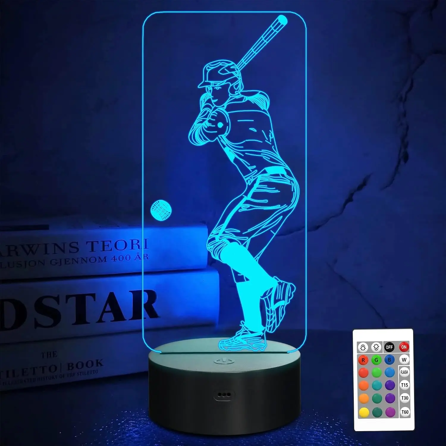 Baseball 3D Night Light, Sport Gifts Bedside Lamp for Xmas Holiday Birthday Fathers Gifts for Baseball Fan with Remote Control 16 Colors Changing + 4 Changing Mode + Dim Function(Gift)