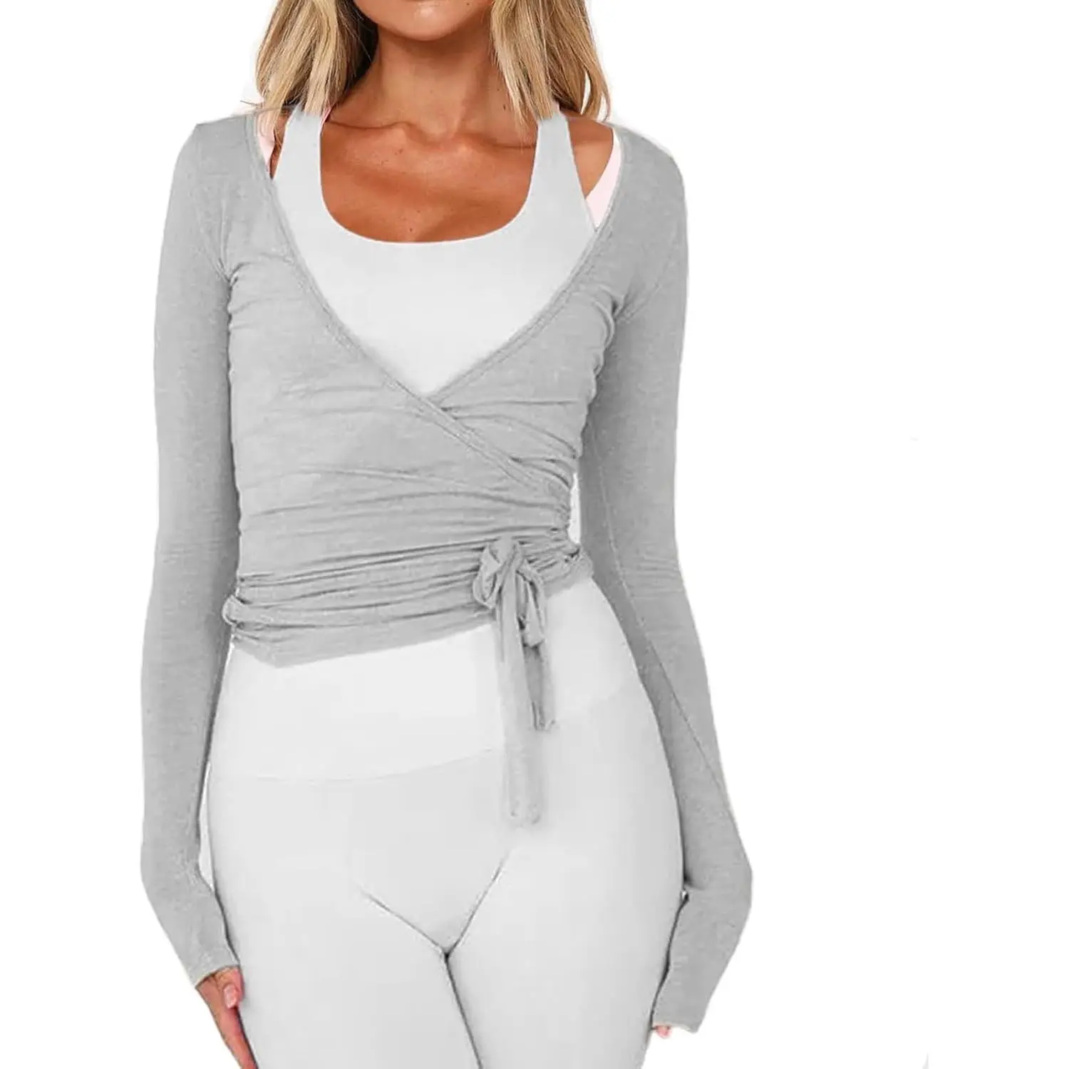 Women Wrap Tie Top Y2k Long SLeeve Ballet Workout Yoga Shirt Coquette Blouses