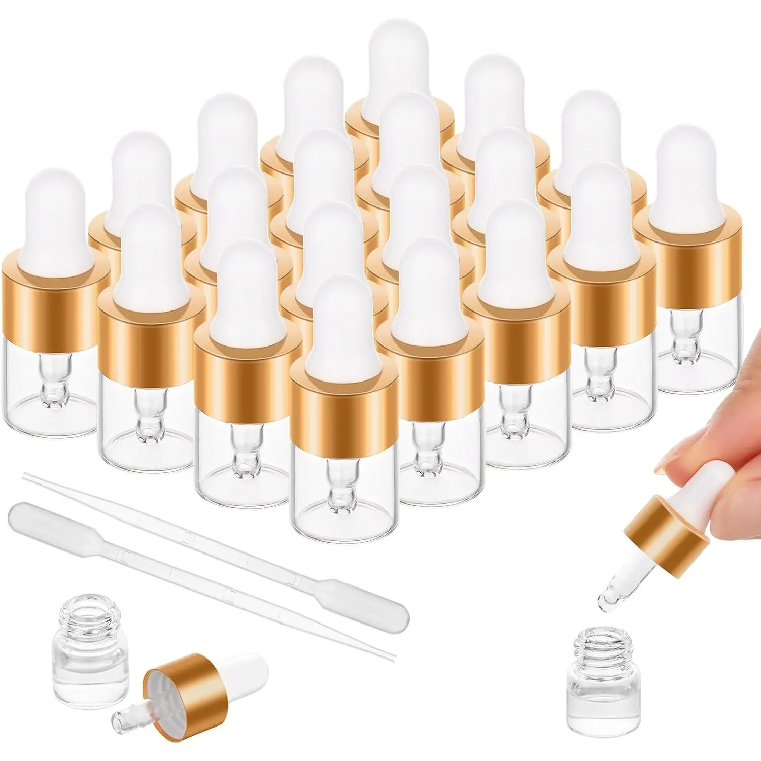 20 Pack 1ml Mini Dropper Bottles for Essential Oils, Cuticle Oil, Perfume & Cosmetics | Clear Empty Small Vials for Travel, Sample StorageGift