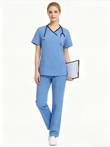 Breathable Light Blue Medical Scrub Uniform, Mock Wrap Top with Multi-Pockets & Elastic Waist Pants, Wrinkle-Resistant Hospital & Clinic Workwear
