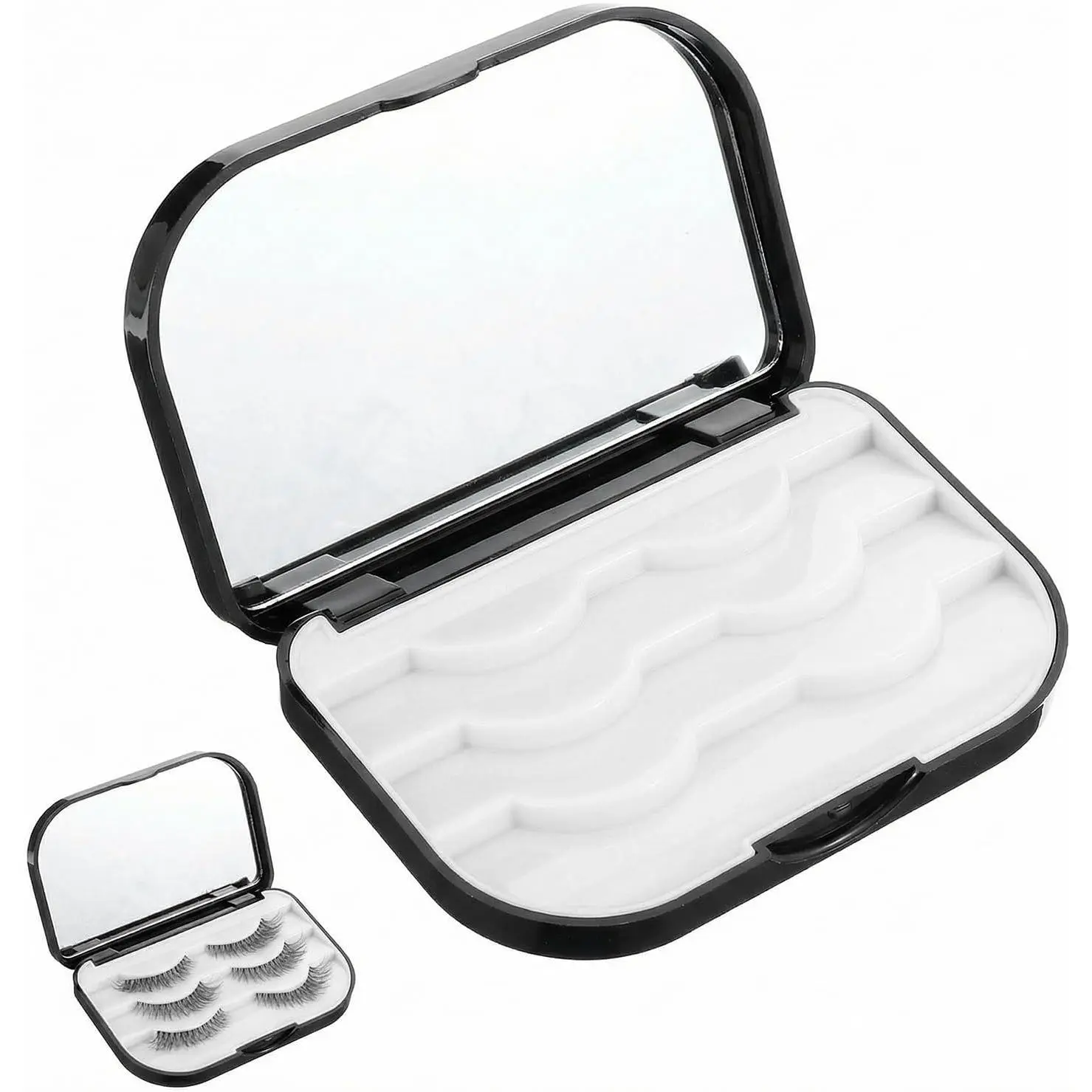 Eyelash Storage Case, 3 Layer False Eyelash Travel Case Fake Eye Lash Cases with Mirror Makeup Storage Box Empty Cosmetic Organizer Box Lash Packaging Can Store 3 Pairs (Black)
