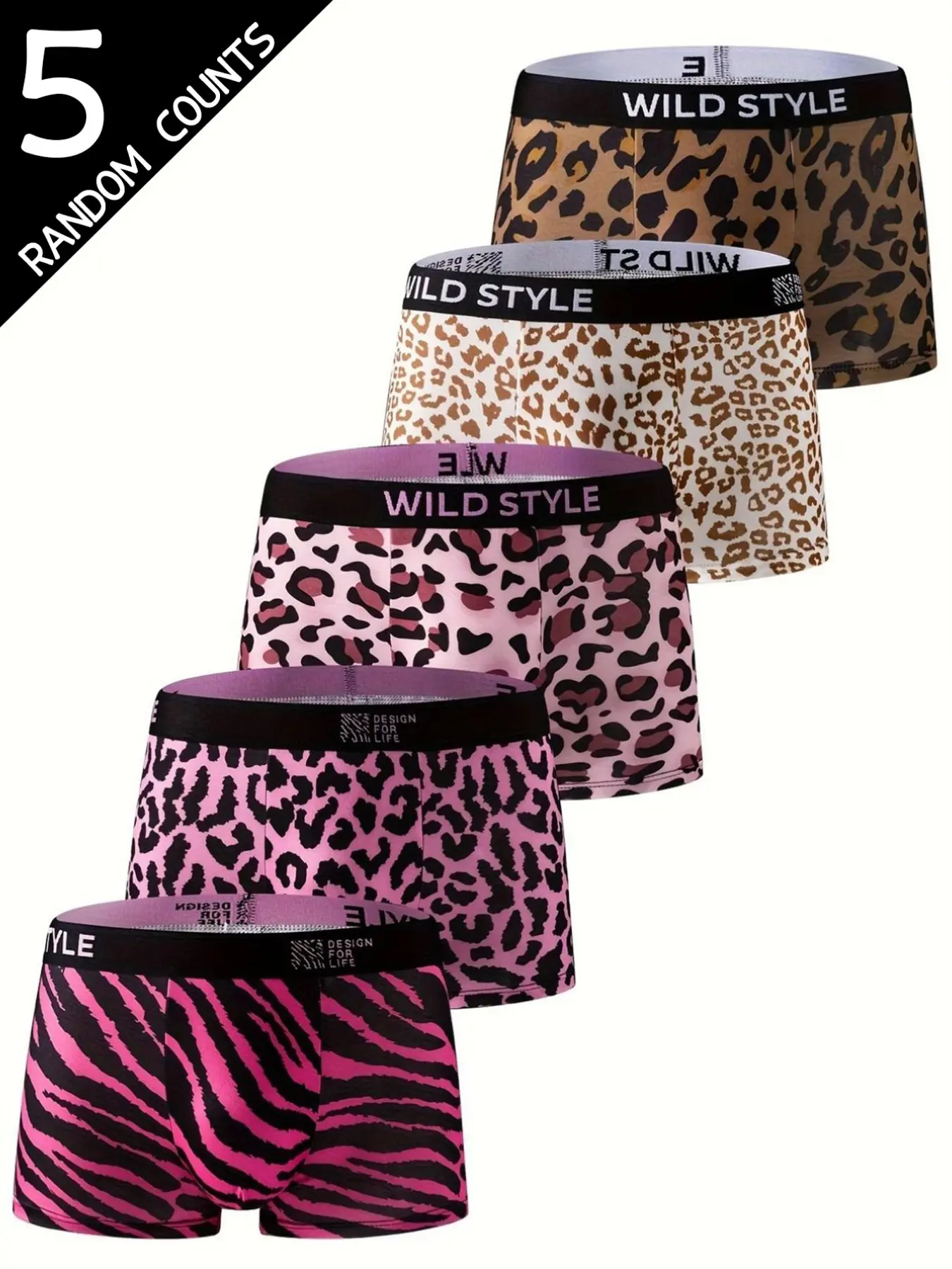 5 pcs random men's printing leopard print flat cornered underwear, Casual Comfy Underwear, soft and comfortable, Suitable for daily home leisure, Breathable elastic fabric, Four season outfit matching