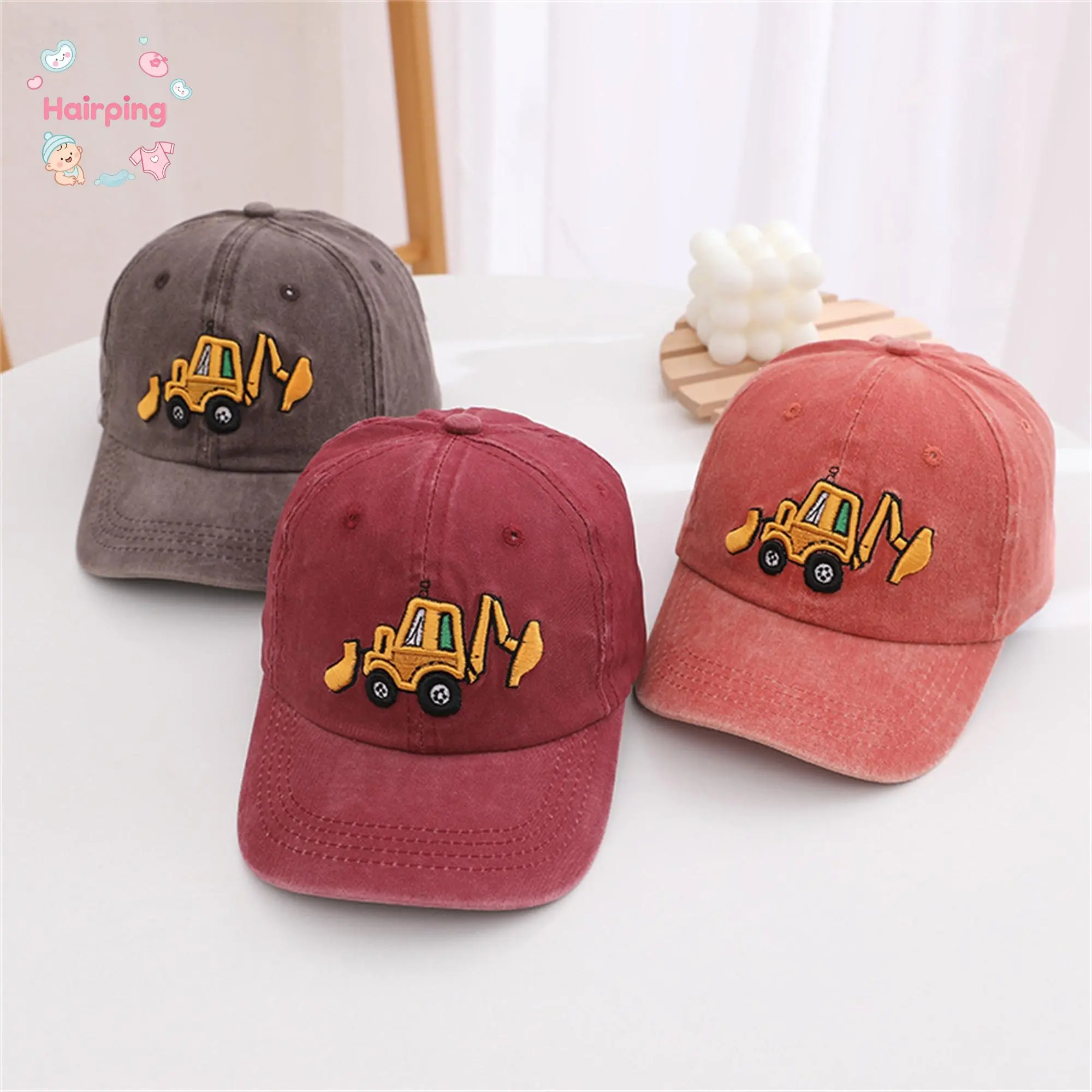 Unisex Kids Adjustable Size Cotton Blend Excavator Print Baseball Hat, Embroidered Toddler Birthday Gift