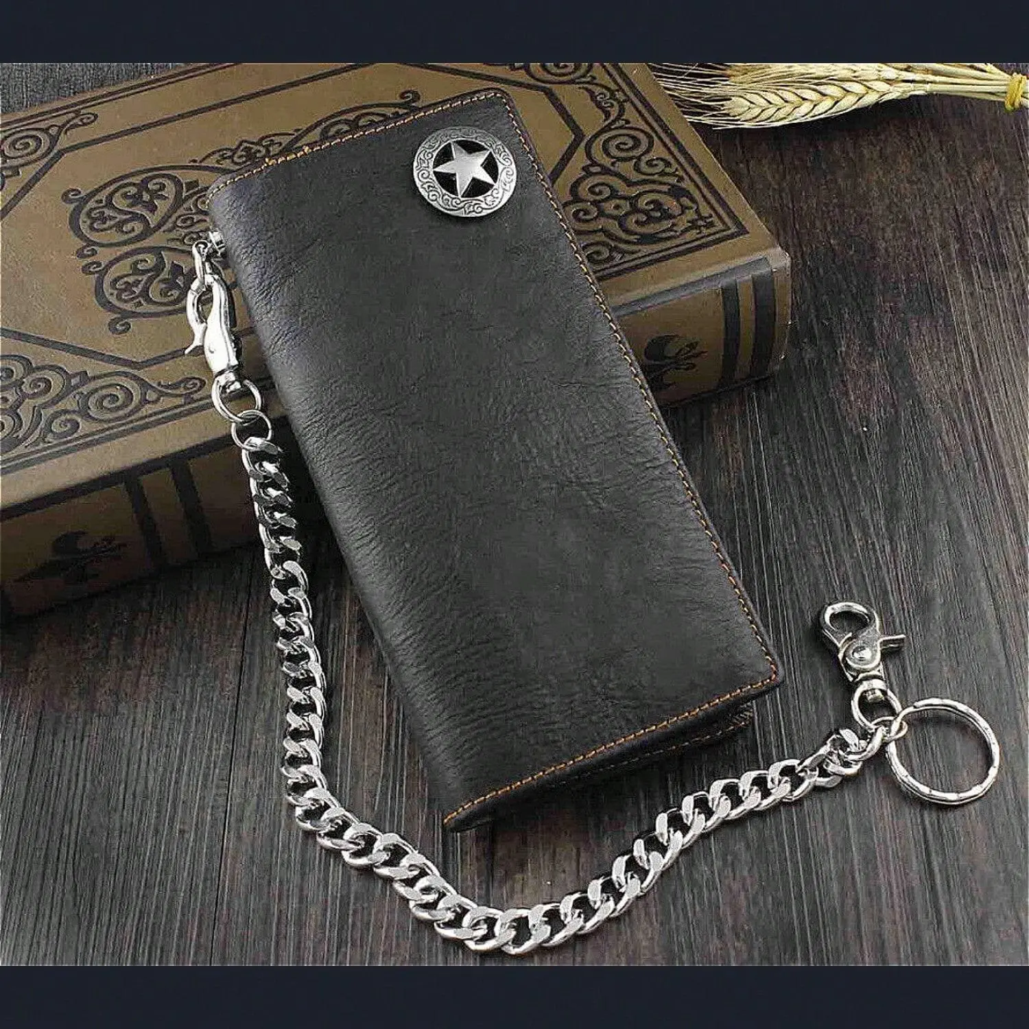 Biker Rock Star Concho Mens Card Money Leahter Wallet W/ Chain