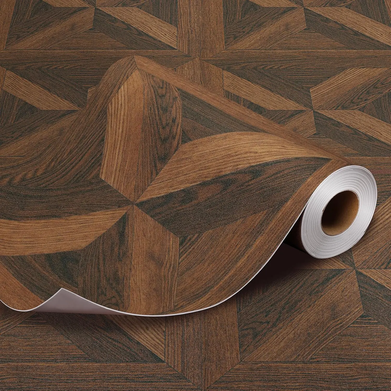 Brown Parquet Peel and Stick Floor Tile  Look Geometric Vinyl Flooring Roll for Bathroom Kitchen Laundry Room Entryway Apartment Easy Cut Renter Friendly DIY Floor Covering 12in X 4ft