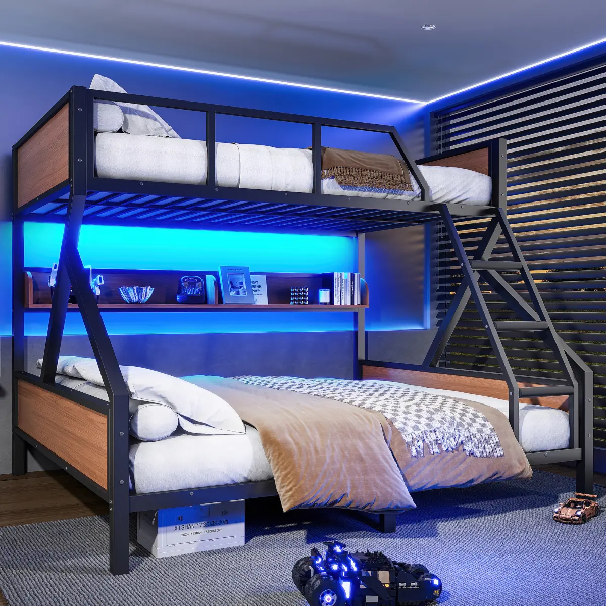 Queen over King Bunk Bed, Metal Bunk Bed with Storage Shelves and Lights, Space-saving & Noise-free Design, Black