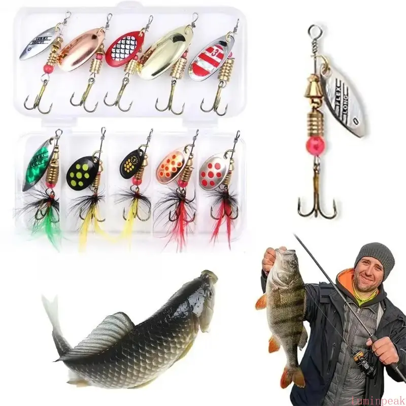 10-Piece Fishing Lures Kit - Rooster Tail Metal Spinners with Feathered Durable Corrosion-Resistant Hooks, Spinning Tackle for Bass & Trout, Freshwater/Saltwater Use, Great Gift for Anglers, Metal Spoons, Great As A Practical Gift, Treble Hooks, Swim Acti