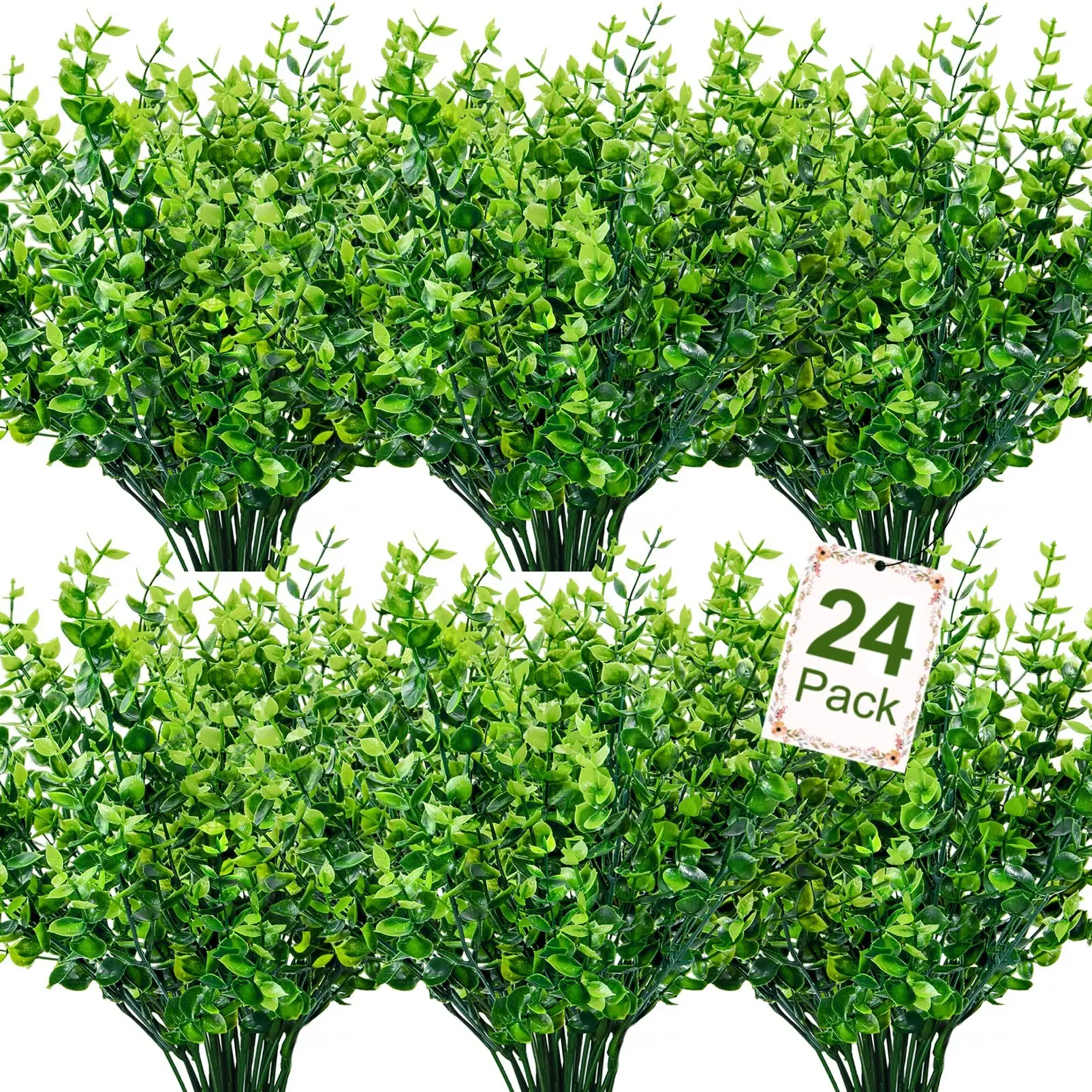 24 Bundles Artificial Greenery Stems, Fake Plants Outdoor UV Resistant, Faux Plastic Boxwood for Kitchen Office Garden Porch Home Decor