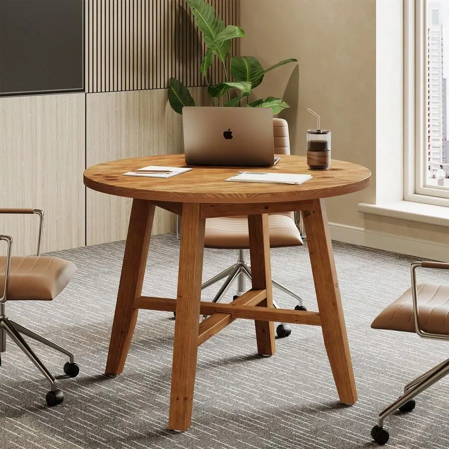 Brown Solid Pine Conference Table - 31.5-Inch Small Round, 31.5"d*31.5"w*29.53"in, 150 lb Capacity, Durable, Space-Saving, Clean Lines, Quick Setup, Assembly Required for Small Spaces