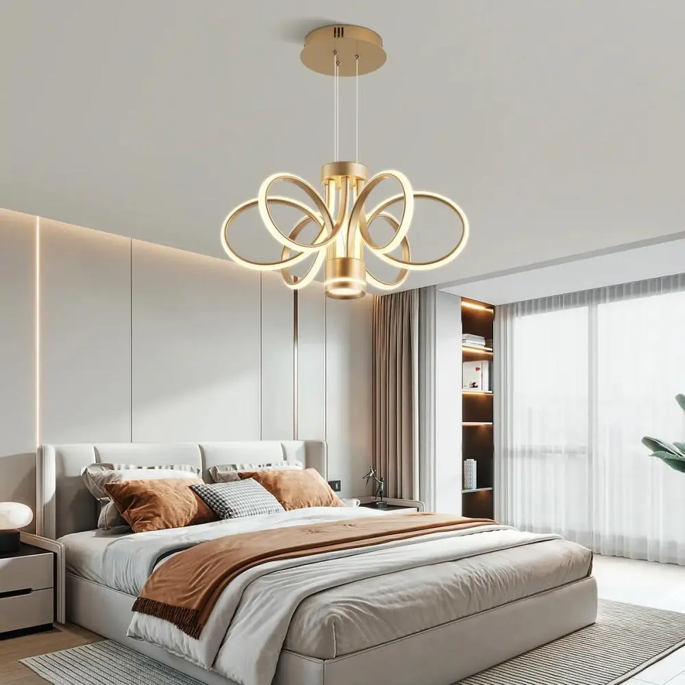 Modern LED Chandelier Ceiling Light Fixture, Farmhouse Hanging Pendant Lamp with Gold Finish, Contemporary Flush Mount Ceiling Lighting for Dining Room, Kitchen Island, Living Room, Bedroom, Home Decor, Stylish Modern Ceiling Lamp