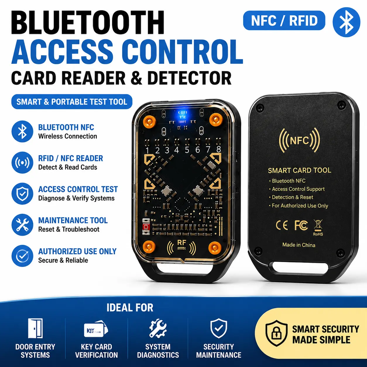 Cordless Compact Bluetooth RFID/NFC Card Reader & Detector, Portable Access Control Tester for Property Management - Smart Security Tool with Detection, Reset Functions, Elevator System Management, Equipment Maintenance, System Troubleshooting