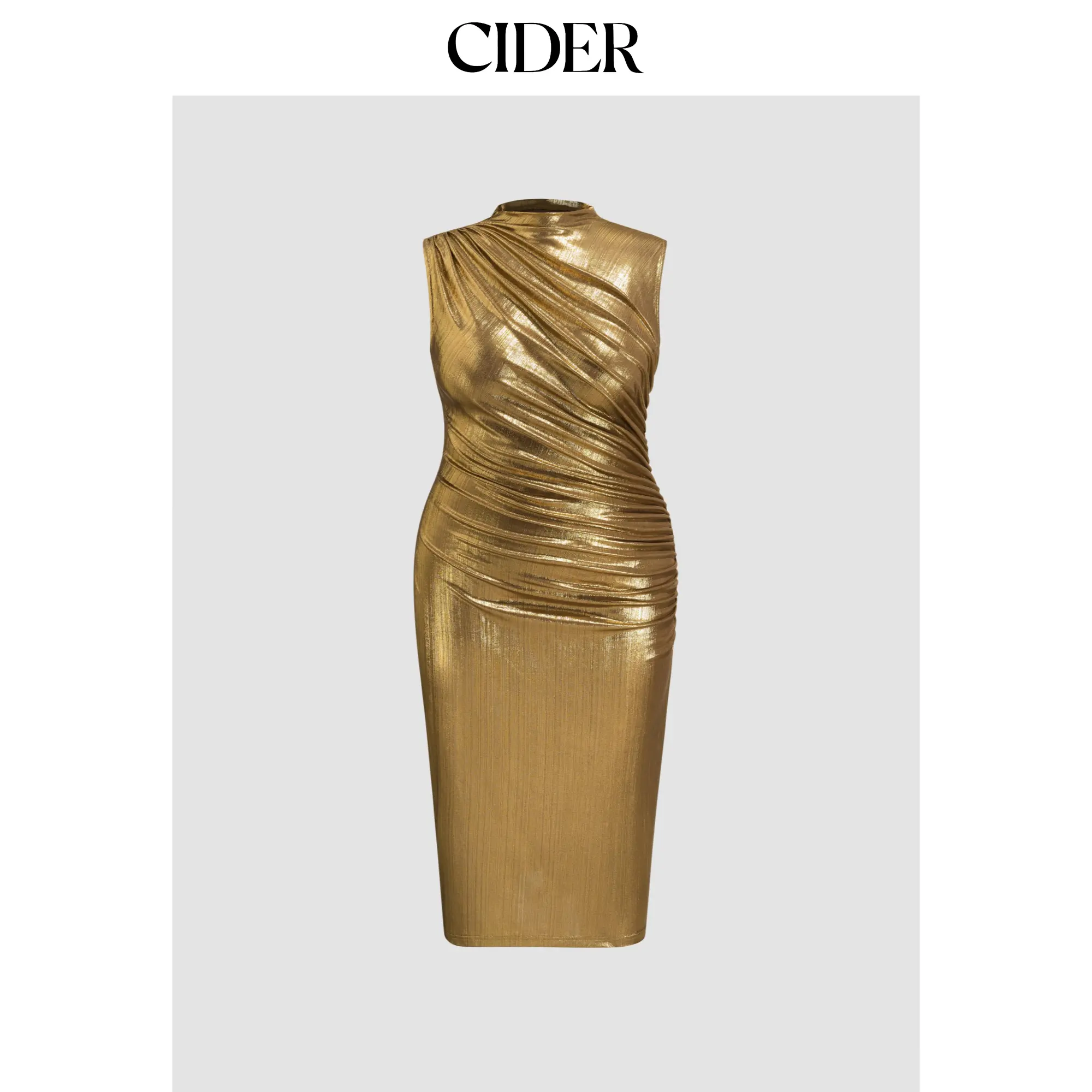 Cider [2 colors, size 0-26] Metallic Stand Collar Solid Ruched Midi Dress SummerFinds