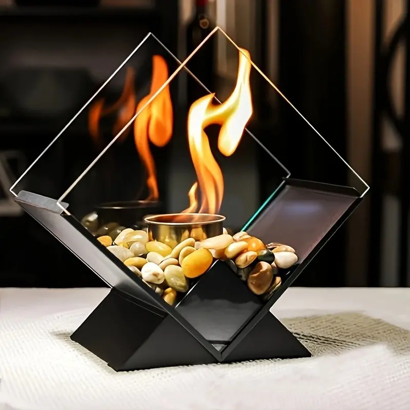 1pc Rhombus Shape Glass Top Metal Fireplace, Ethanol Fuel, Smokeless, Heating, Home Table Decor, Decorative, Flame Tabletop Fire Pit, Atmosphere Enhancer