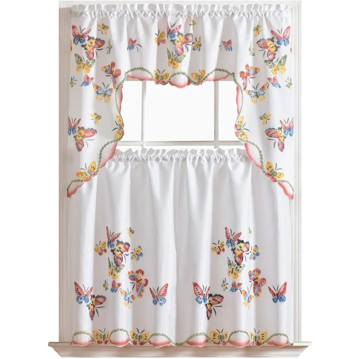 3pcs Kitchen Curtain/Cafe Curtain Set, Air-Brushed by Hand of Flying Butterfly Design (Swag & 36" Tiers Set)