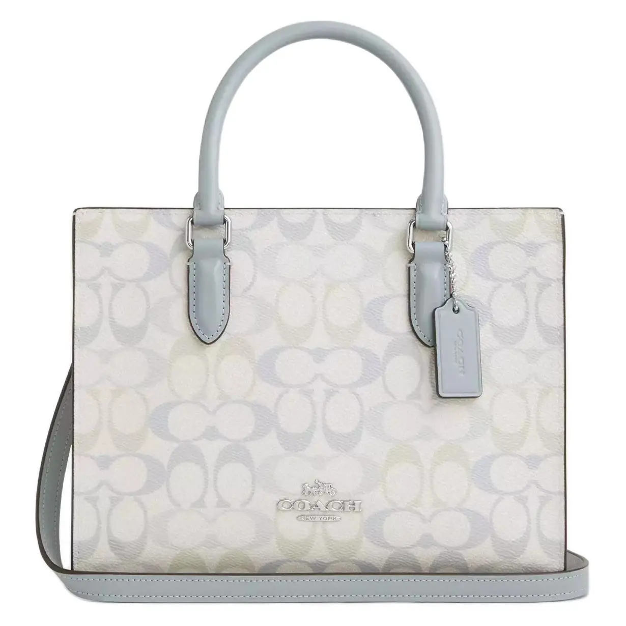 COACH Maggie 24 Classic Monogram Canvas Tote Bag for Women, Crossbody and Handheld Style in Light Blue