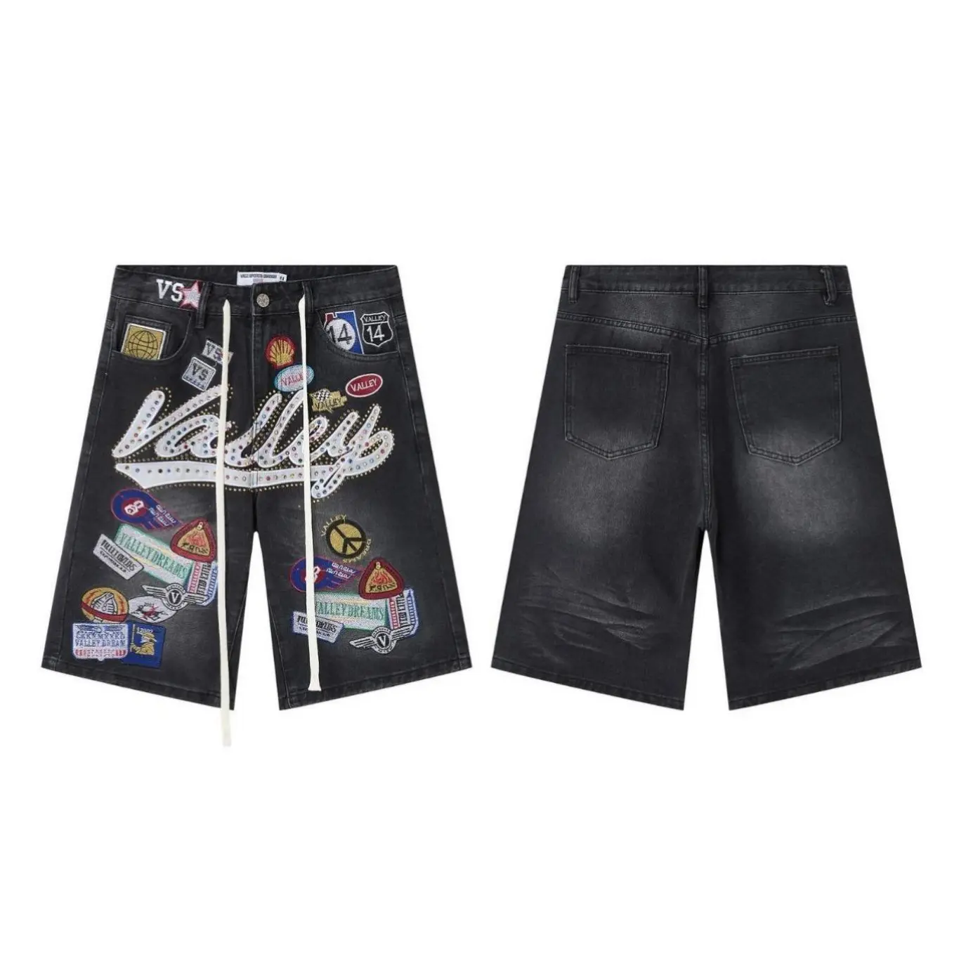 Vale Forever Y2K Hip Hop Mens Patchwork Studded Denim Cargo Shorts Vintage Washed Black Oversized Baggy Jorts Loose Fit Bermuda Summer Trendy Bottoms tiktokshopbacktoschool,back to school,back to school haul