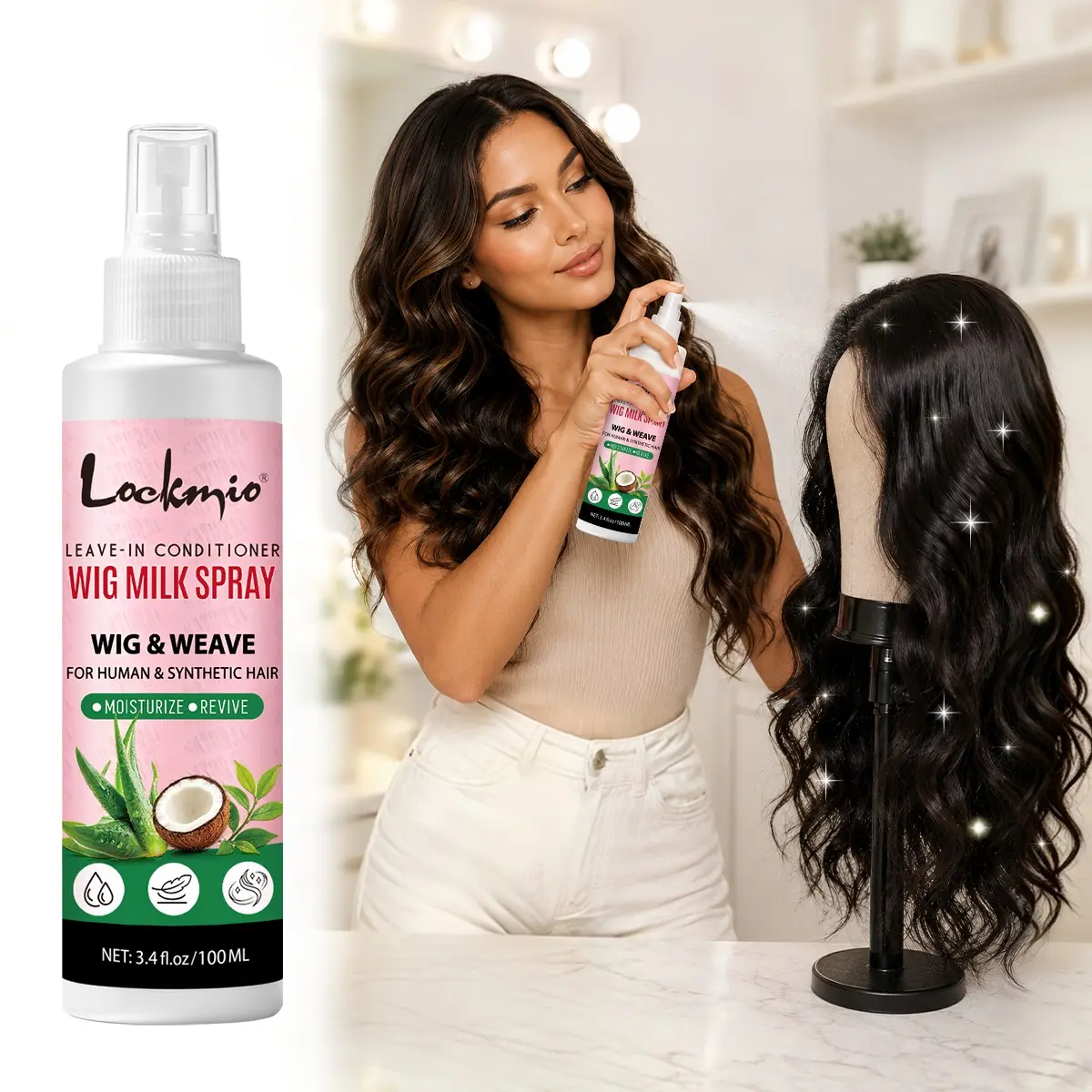 Wig Milk Spray, No-Rinse 2-In-1 Hair Conditioner, 100ML/3.4fl.oz, Aloe Coconut Extract, Moisturizing, Hydrating, Anti-Frizz, Detangling, Smooth