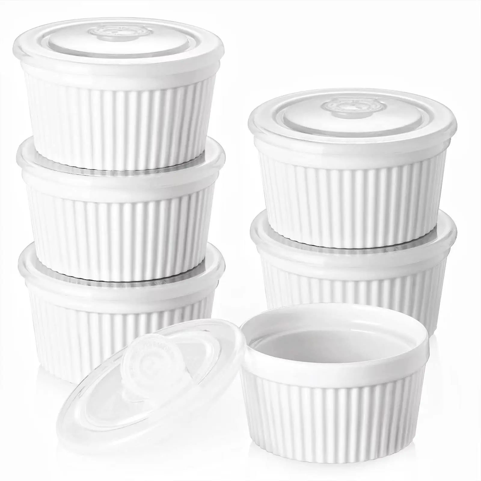 8 oz Ramekins with Lid, Porcelain Creme Brulee Souffle Dishes, White Pudding Custard Cups Ramiken Bakeware Kitchenware for Baking, Dishwasher and Oven Safe, Baking Supplies, Set of 6