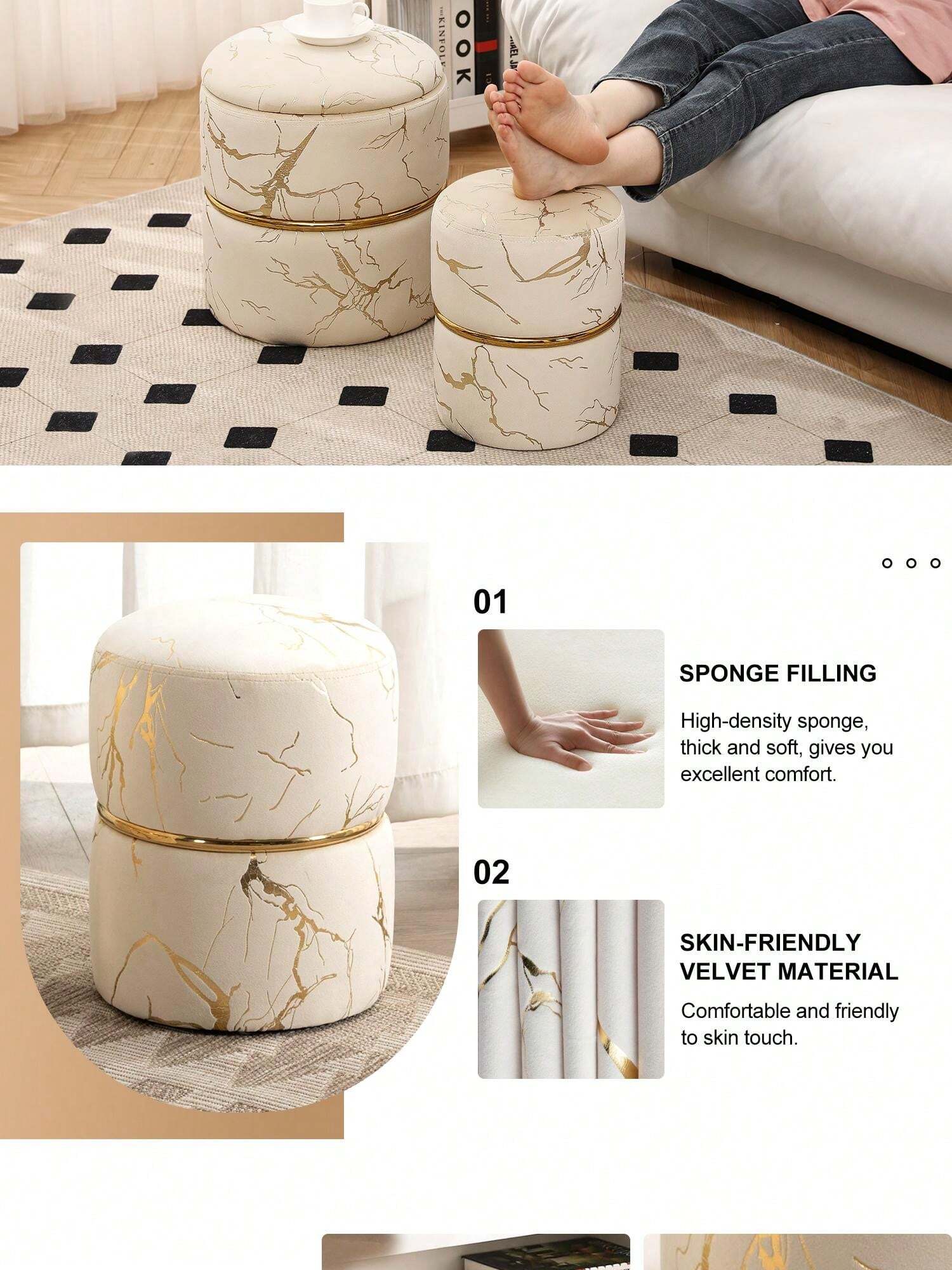 Pack Of 2 Black Round Bronzing Storage Ottoman Modern Velvet Upholstered Ottoman Stool Luxurious Poufs Sofa Footrest For Living Room Makeup Vanity Stool For Bedroom Room Decor