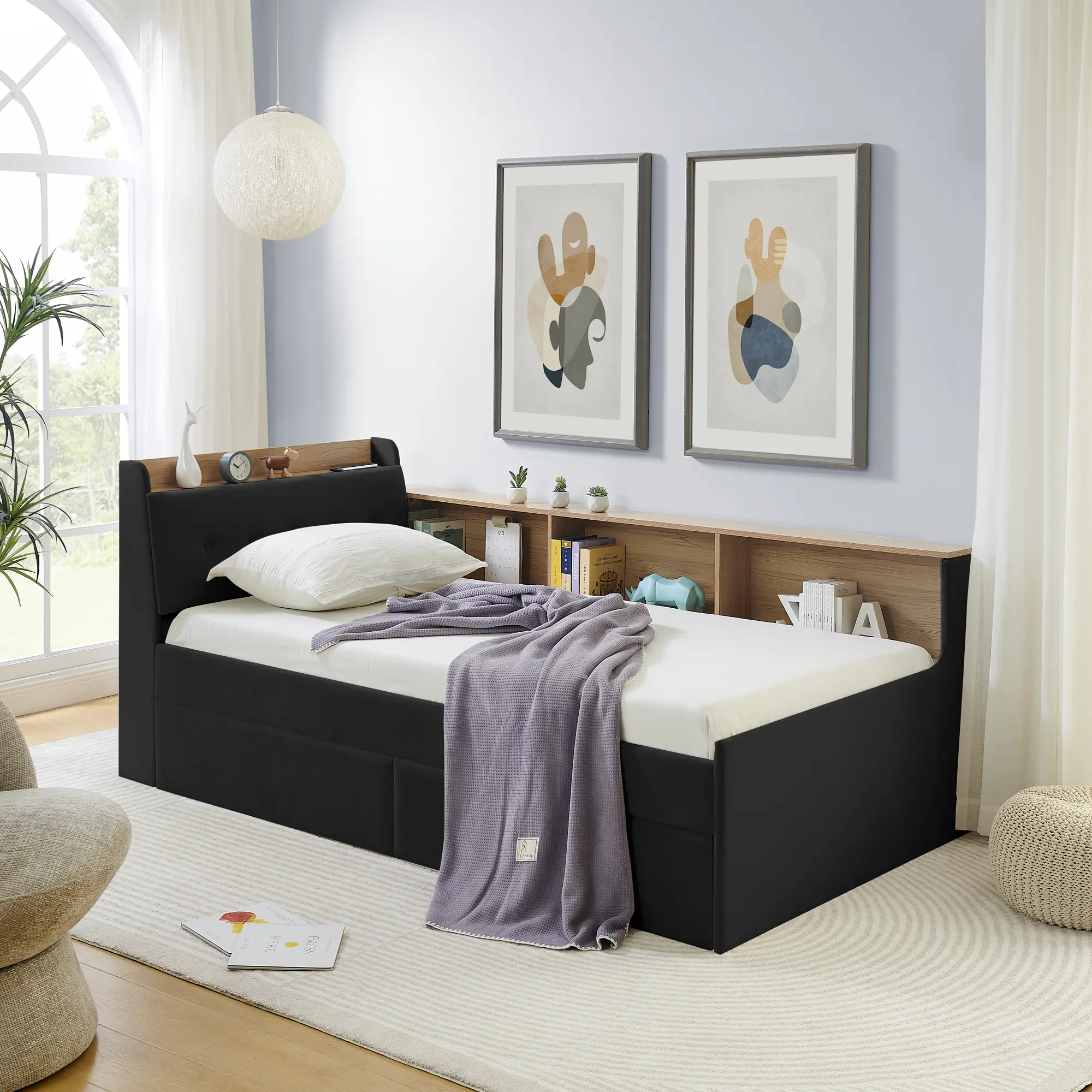 ARCH Twin Size Upholstery Velvet Day Bed with Storage Headboard and Wireless Charging, Multi-functional Daybed with Two Storage Drawers & LED Lights, Black, for Bedroom Living Room Guest Room, No Box Spring Needed, Home Furniture and Household