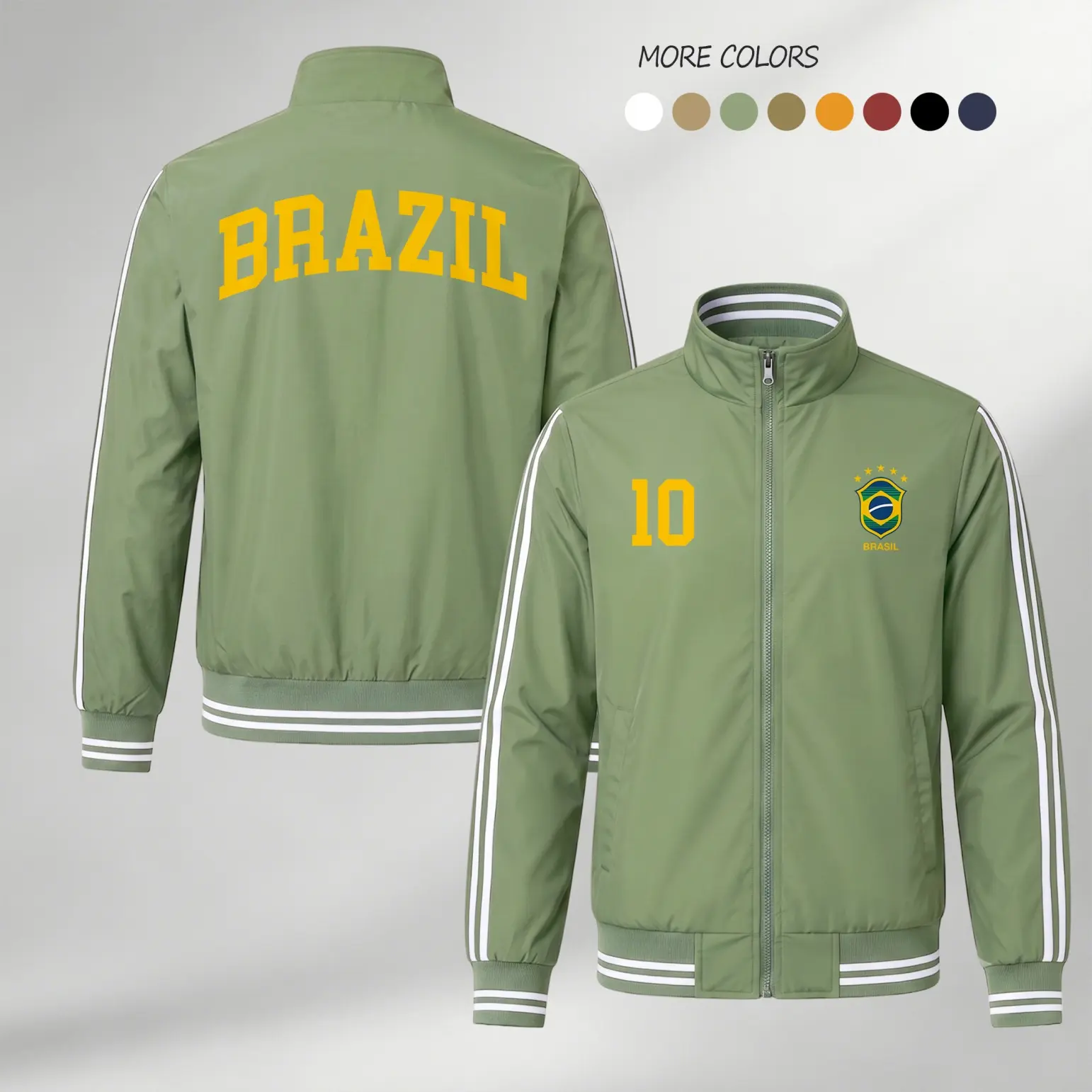 Men’s Brazil Inspired Lightweight Zip Up Track Jacket, Stand Collar Sports Outerwear, Front Chest Number and Back Letter Graphic Print Coat, Casual Long Sleeve Jacket for Spring Fall Daily Wear