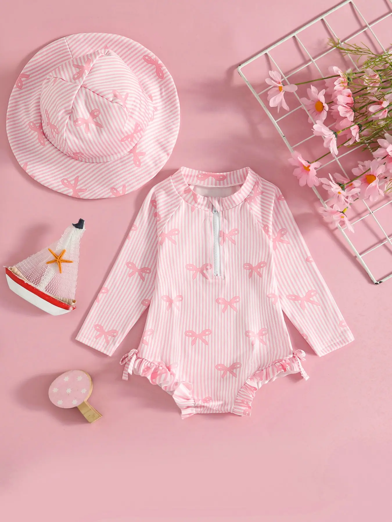 Striped Bow Baby Girl Long Sleeve One-Piece Swimsuit, Matching Sun Hat, Cute Toddler Spa Vacation Sun Protection Set Swimwear