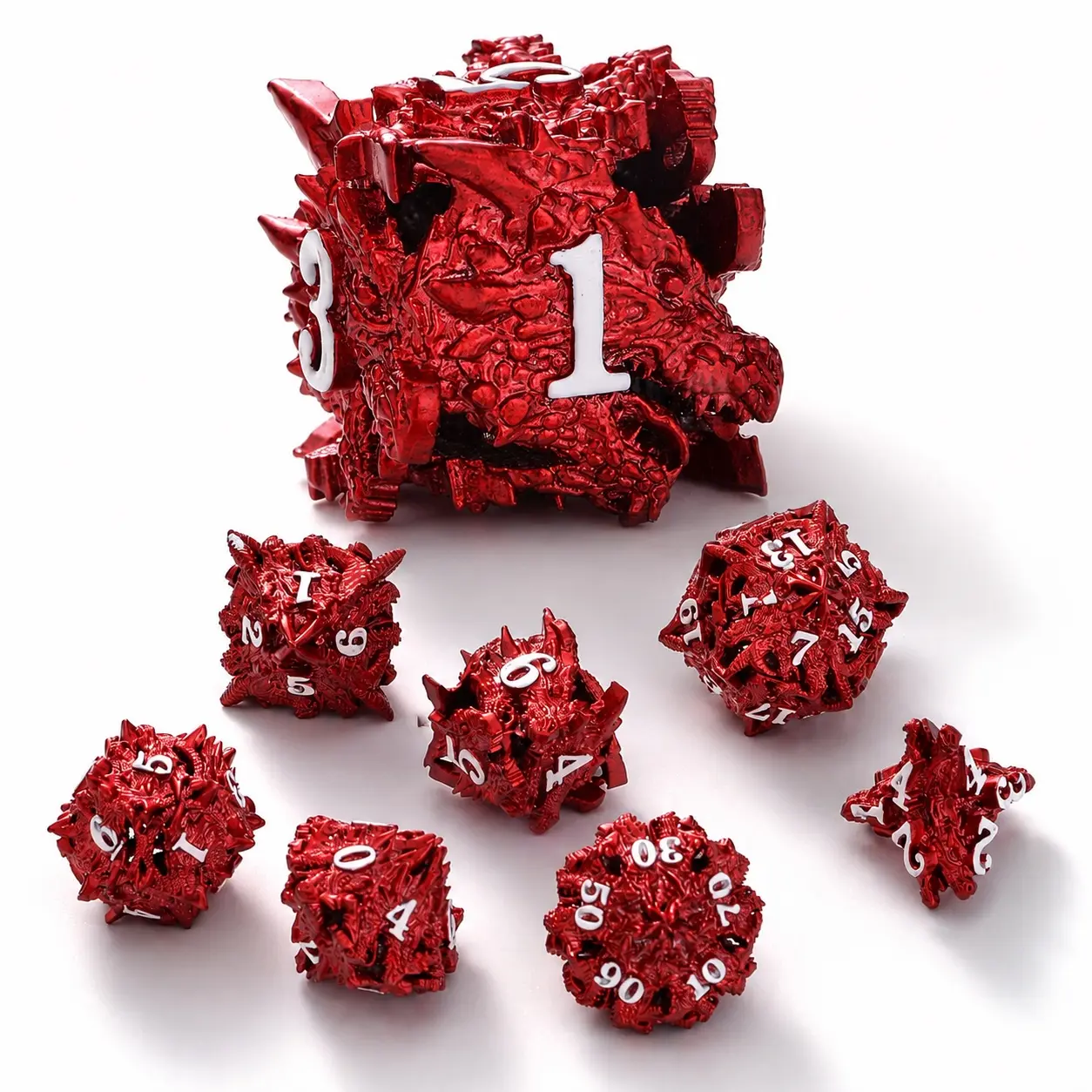 Dragon Head Hollow Metal DND Dice Set Heavy Polyhedral Dragon Dice Red Metallic RPG Dice for Dungeons and Dragons Tabletop Games