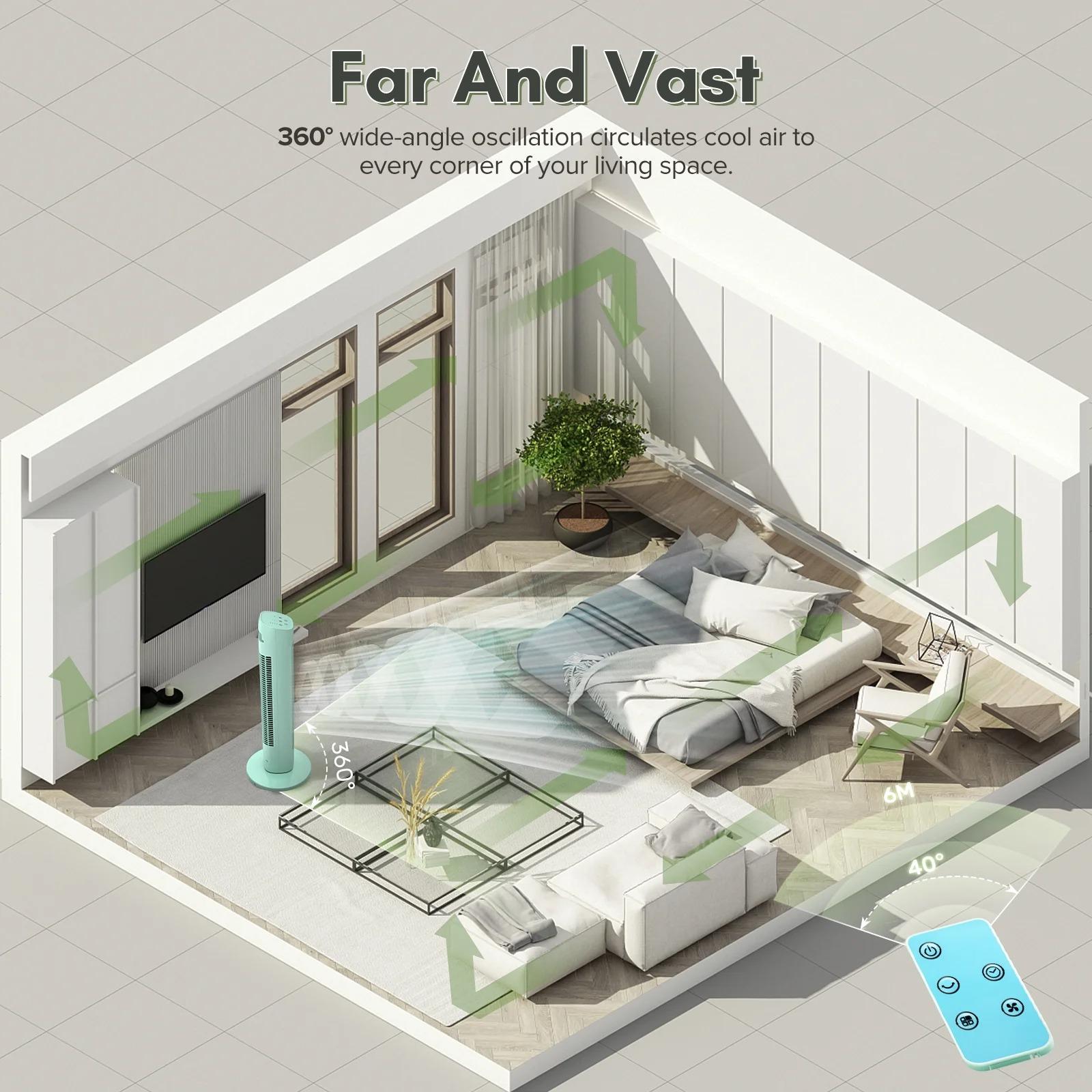 COWSAR Tower Fan for Bedroom, 85° Oscillating Fans with 8 Speeds, 30" Portable Bladeless Standing Fan, 15H Timer, Normal/Natural/Sleep 3 Fan Modes, Freestanding Tower Fans, Green