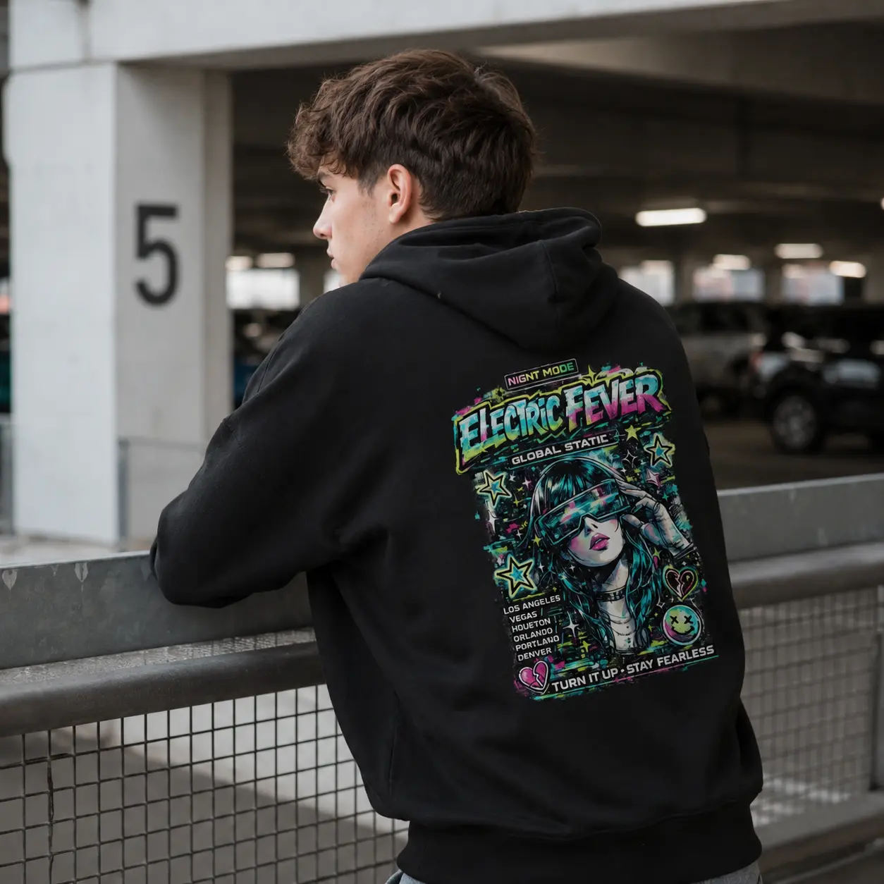 Men's Electric Fever Graphic Hoodie, Neon Cyberpunk Streetwear Pullover Sweatshirt with Futuristic Anime Inspired Artwork, Retro Y2K Style Hoodie for Casual Wear and Urban Adventures