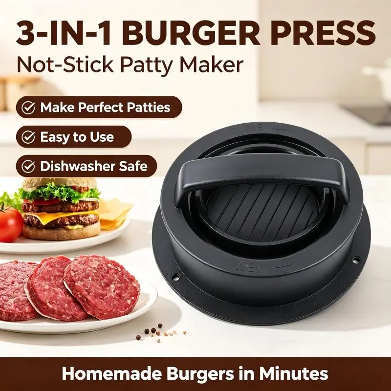 3-In-1 Non-Stick Burger Press Patty Maker, Ideal for Stuffed Burgers, Sliders, Beef & Veggie Patties, Kitchen BBQ Grill Accessory, Durable Kitchenware