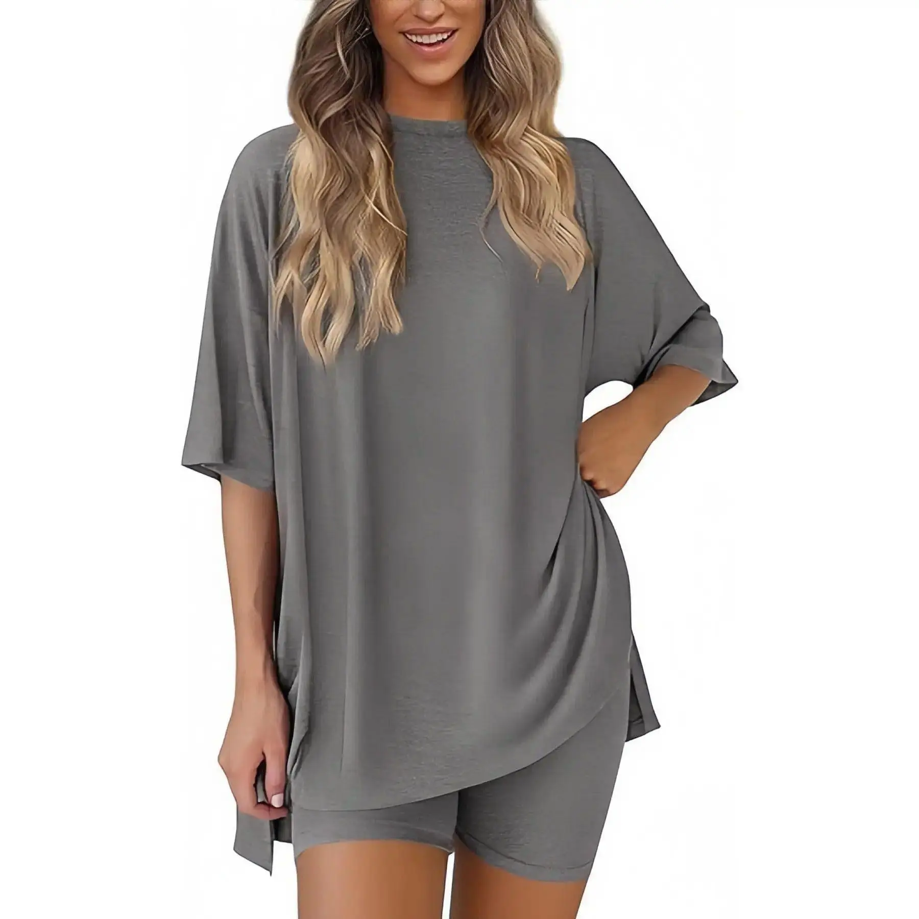 Everyday Comfort Set – Oversized Crew Neck Top + Pocket Shorts, Breathable Soft Fabric for Chill Summer Vibes