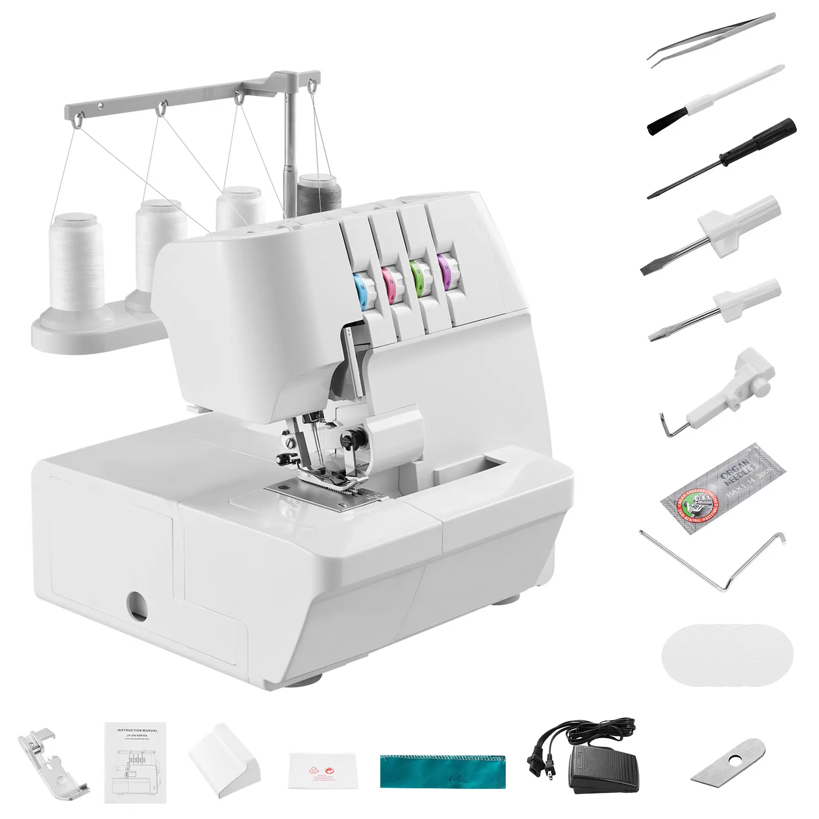 Serger Overlock Sewing Machine, 1250 Stitches Per Minute, 2-3-4 Thread Capability, 0.7-2 Adjustable Differential Feed, with Free Arm and LED Light, Sewing Machine for Various Fabrics, White