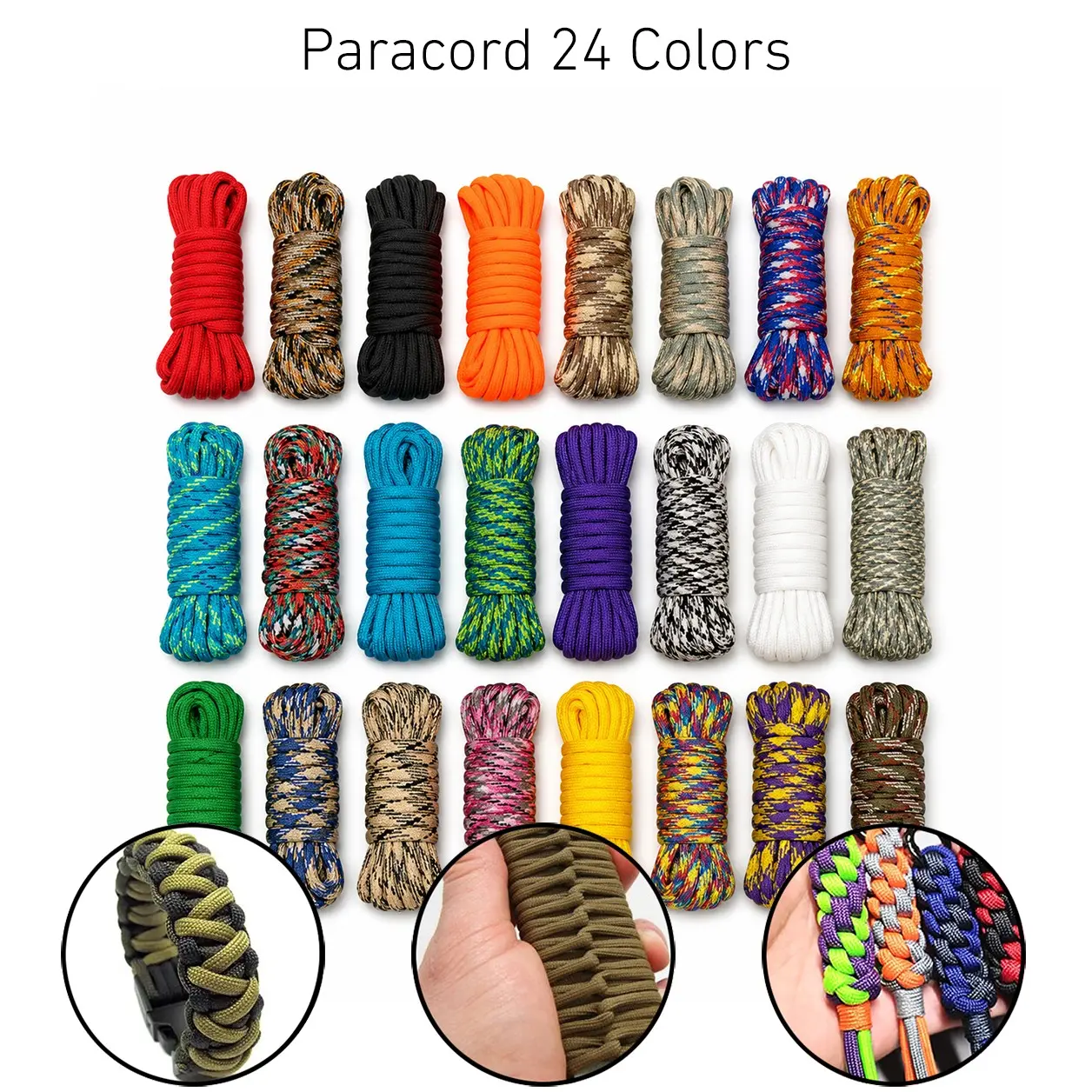 24-Color Mixed Paracord Set, 5mm 7-Strand Strong Braided Polyester Rope for Camping, Hiking, Survival, Bracelets, Lanyards & DIY Crafts