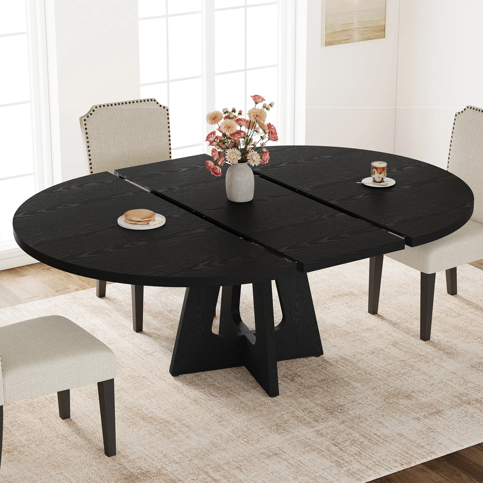 Extendable Round Dining Table – Modern MDF Tabletop with Durable Metal Frame – Adjustable, Multi-Functional Design – appropriate for Kitchen, Dining Room, or Living Room