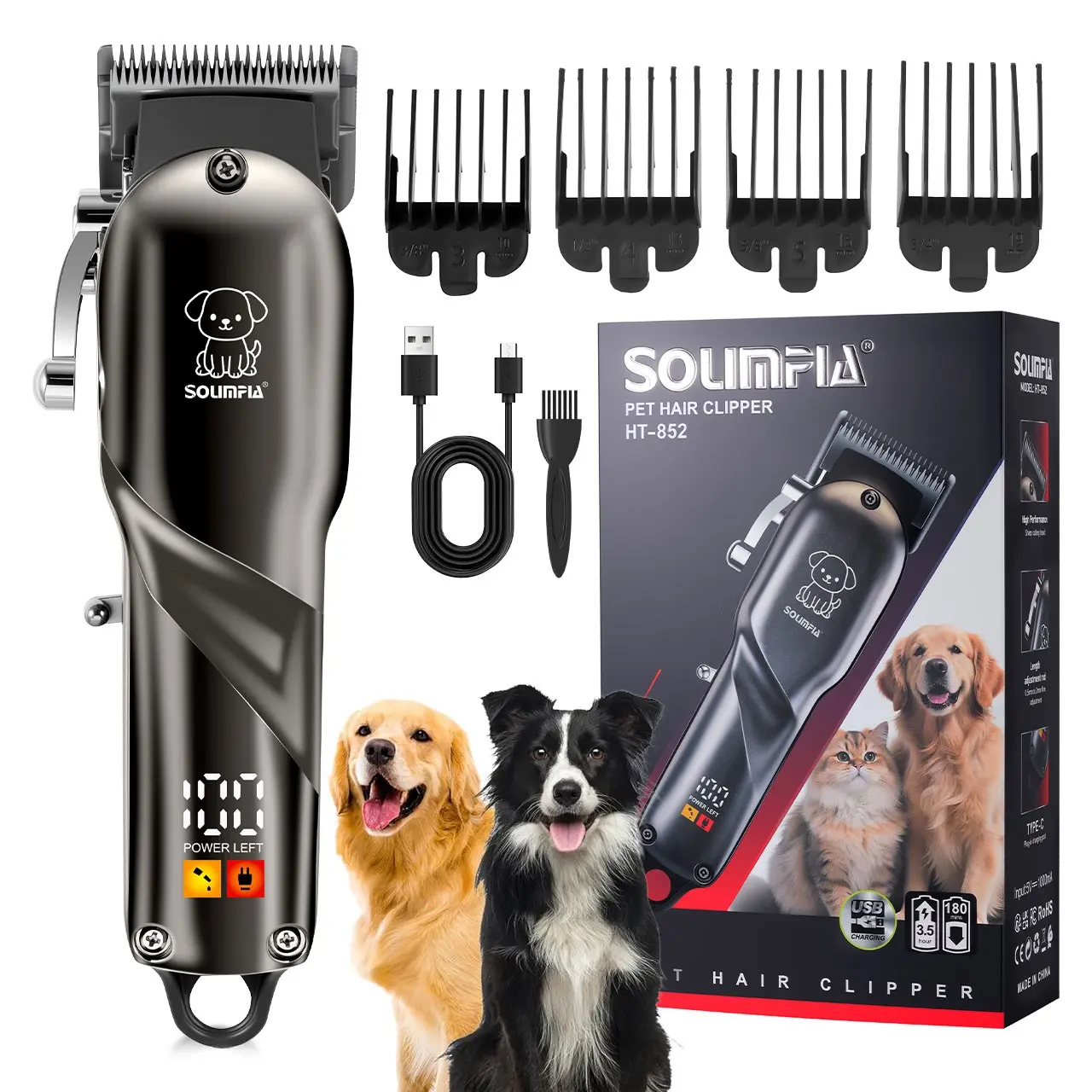 Solimpia Pet Hair Trimmer, Low Noise Electric Clipper, Adjustable Comb, Rechargeable Cordless Dog Grooming Tool, for Dogs and Cats