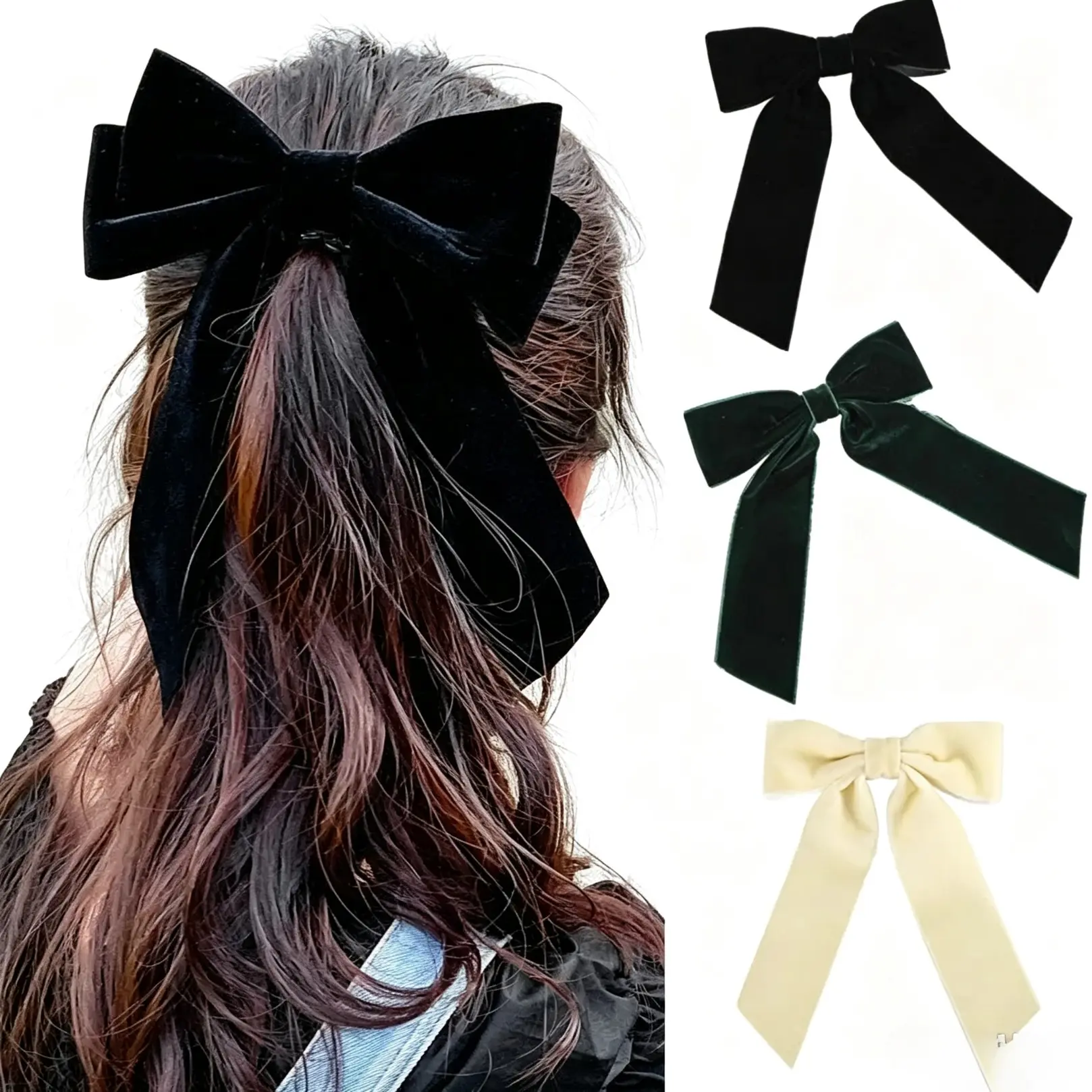Large Velvet Hair Bows For Women, Long Tail Ribbon Bow Hair Clips, Elegant Decorative Hair Barrettes, Classic Stylish Hair Accessories For Daily Date Party Wedding Occasions