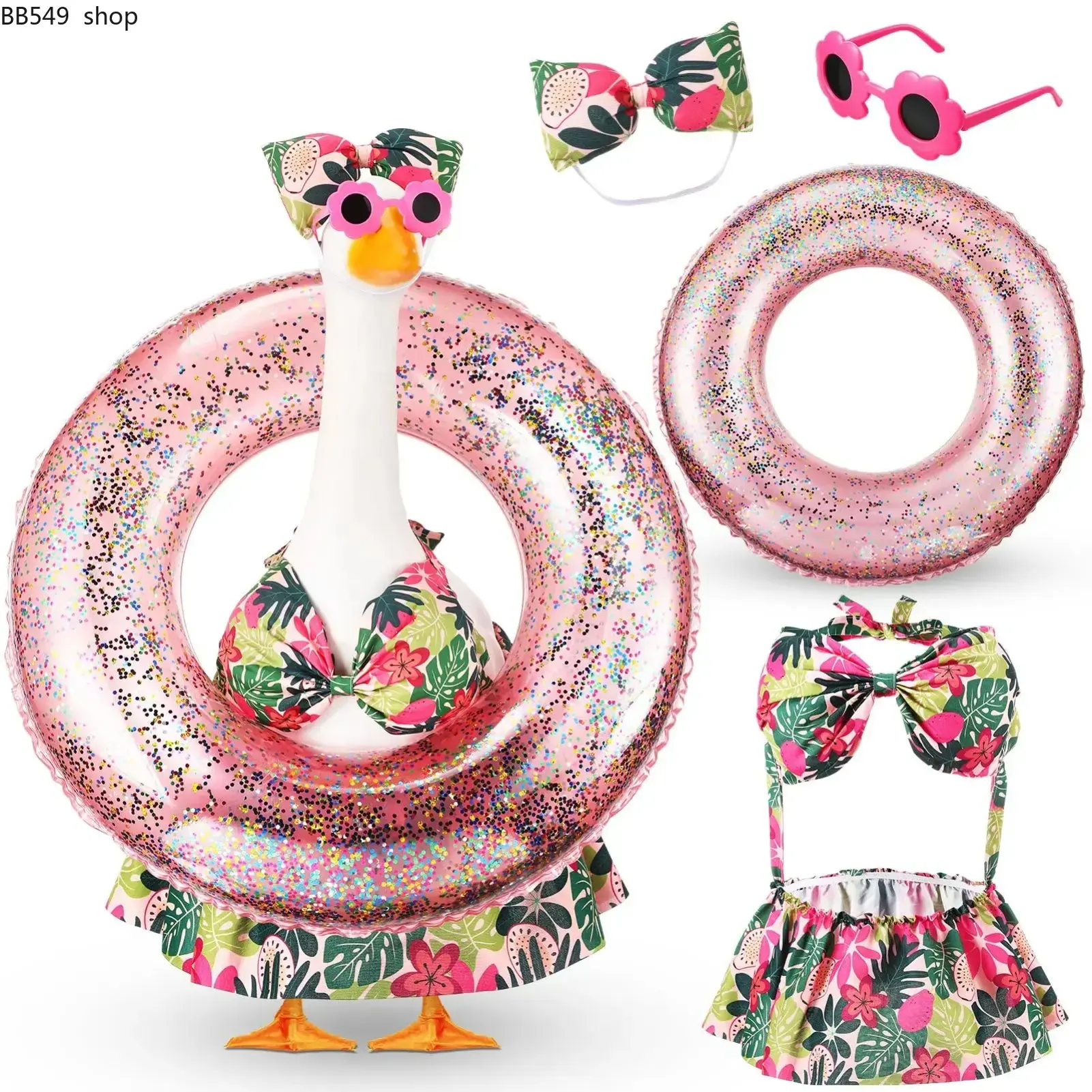 Summer Hawaiian Porch Goose Bikini Outfit – 23” Statue Costume Set with Sunglasses & Swim Ring (Goose Not Included), Tropical Pool, Garden, Patio & Lawn Decoration Accessory