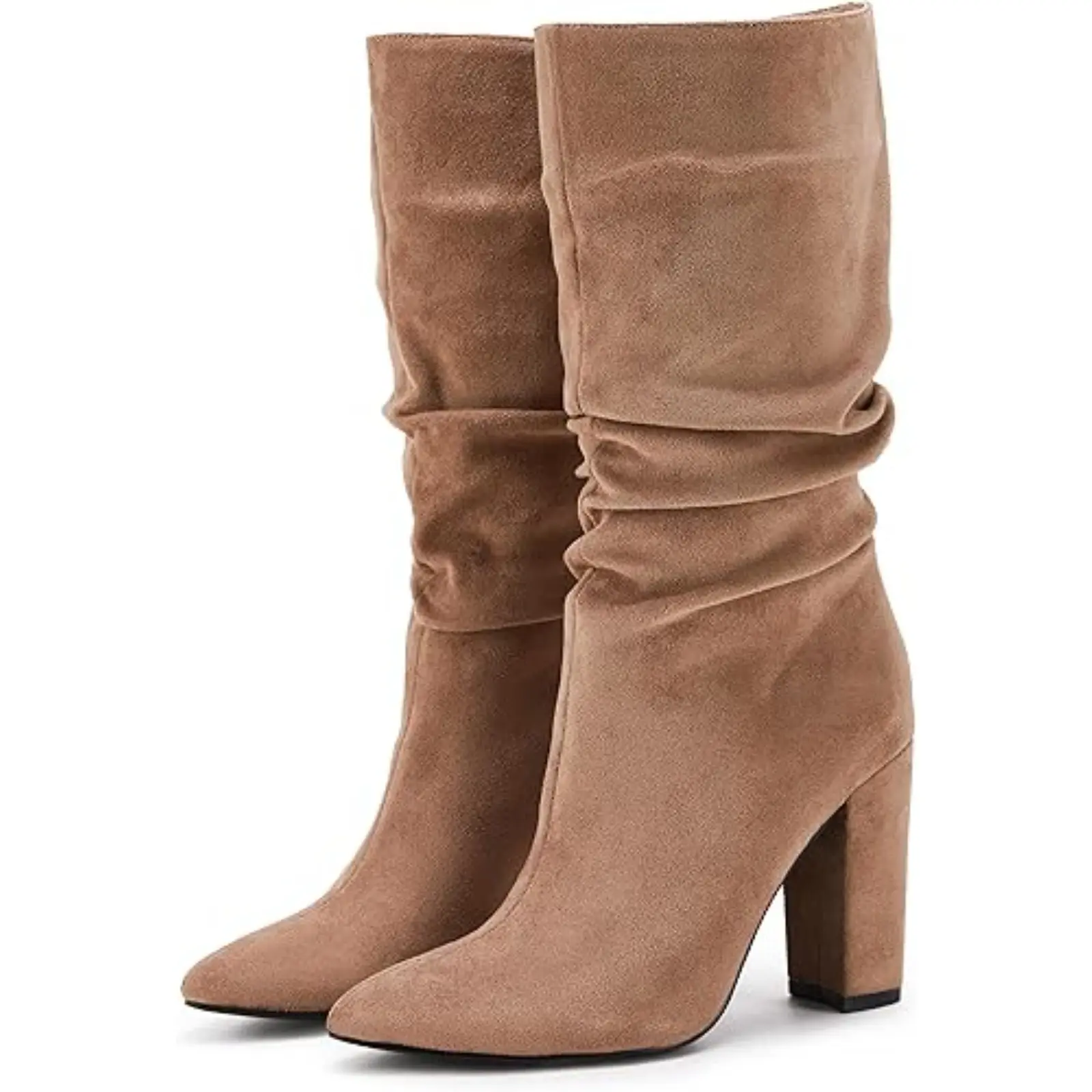 Coutgo Womens Winter Slouchy High Heel Boots Mid Calf Suede Slip on Chunky Block Pointed Toe Boots tiktokshopbacktoschool