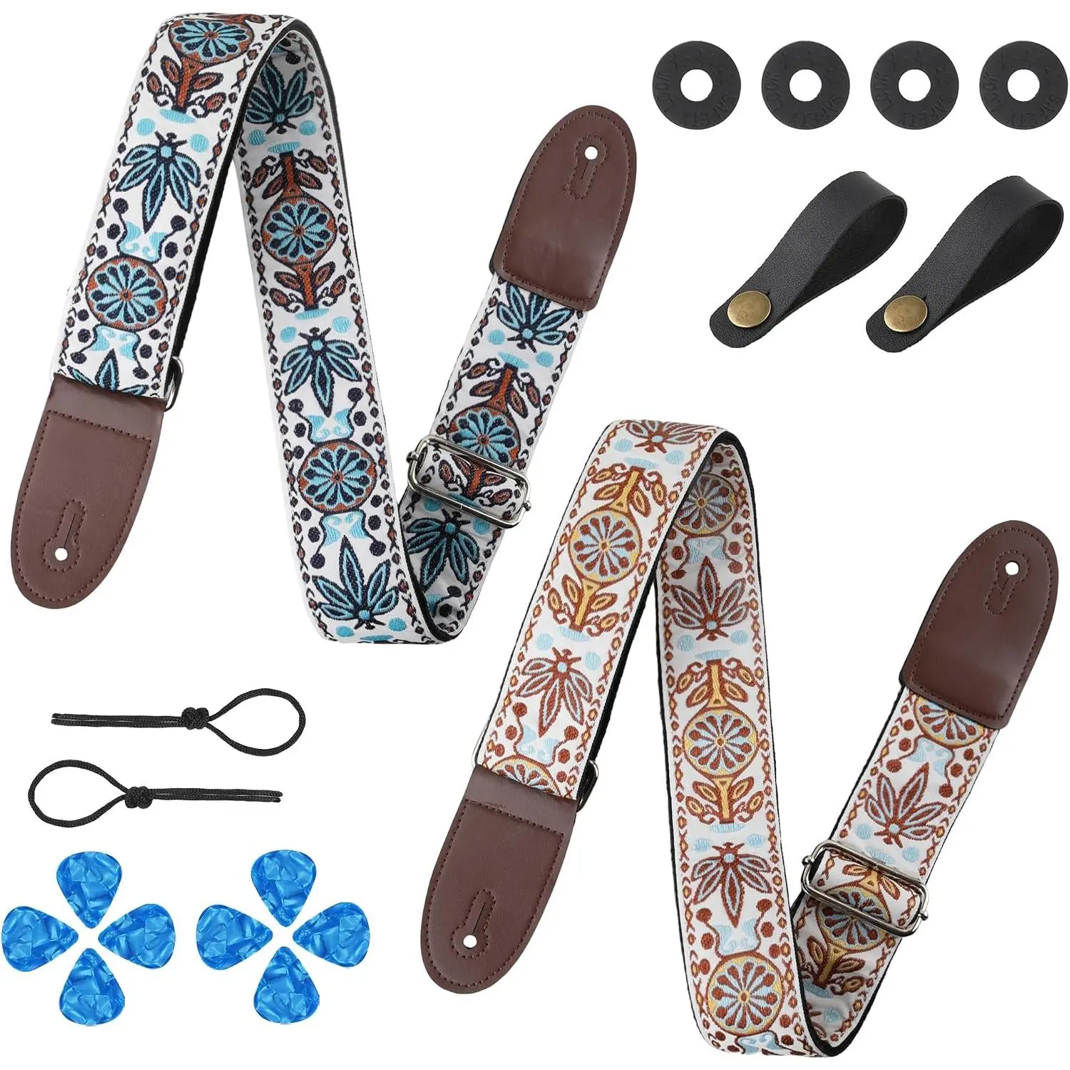 2 count Jacquard Embroidered Guitar Strap with Leather Ends | Adjustable Guitar Straps for Electric and Acoustic Guitars, Soft Guitar Straps with 8 count Guitar Picks