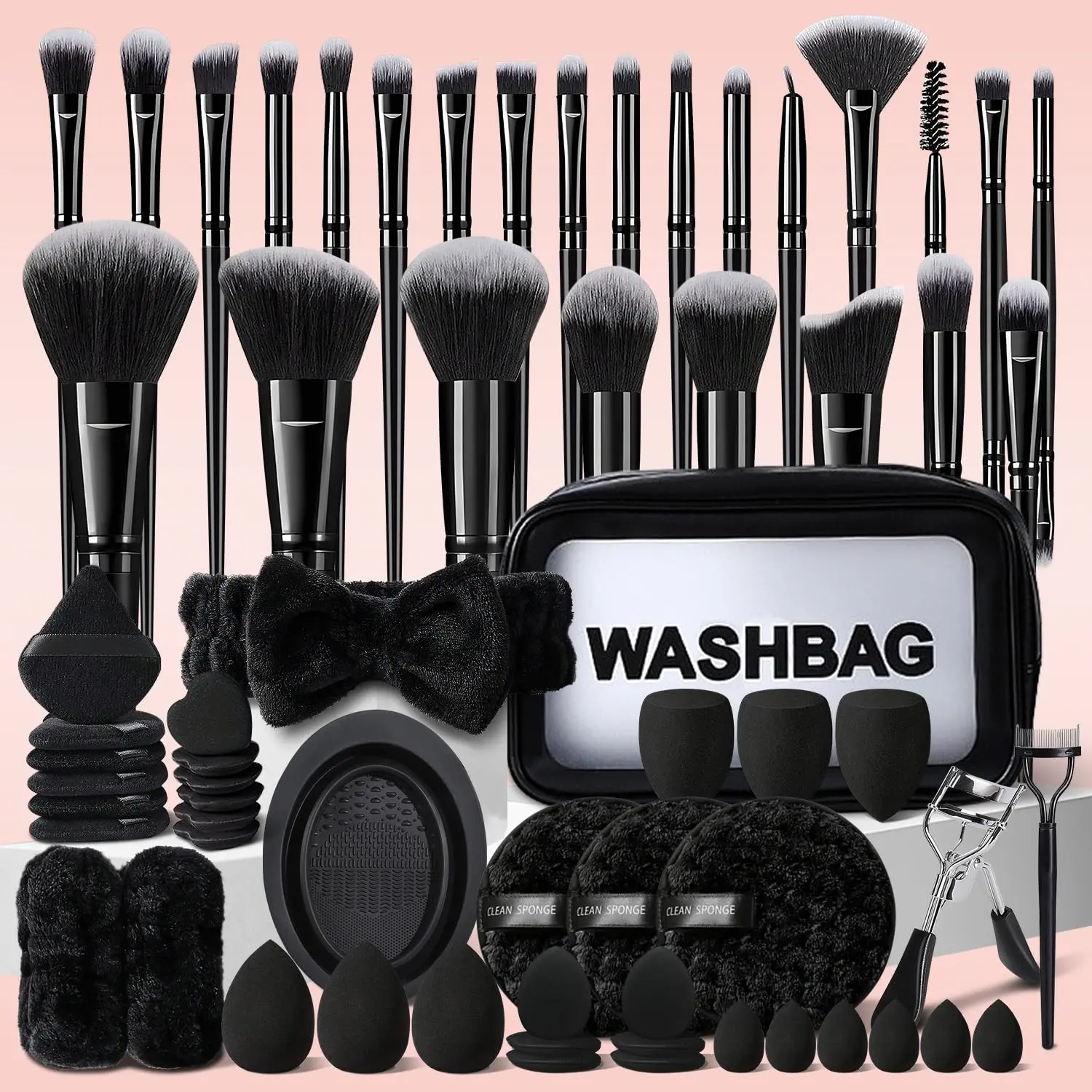 Professional Black Makeup Brushes Set with Wash Bag, Full Makeup Tool Kit, Cosmetics Makeup Tools, Beauty Sponges, Puff, Makeup Cleaner Mat, Hair Clips & Eyelash Curler, Complete Cosmetic Brush Collection