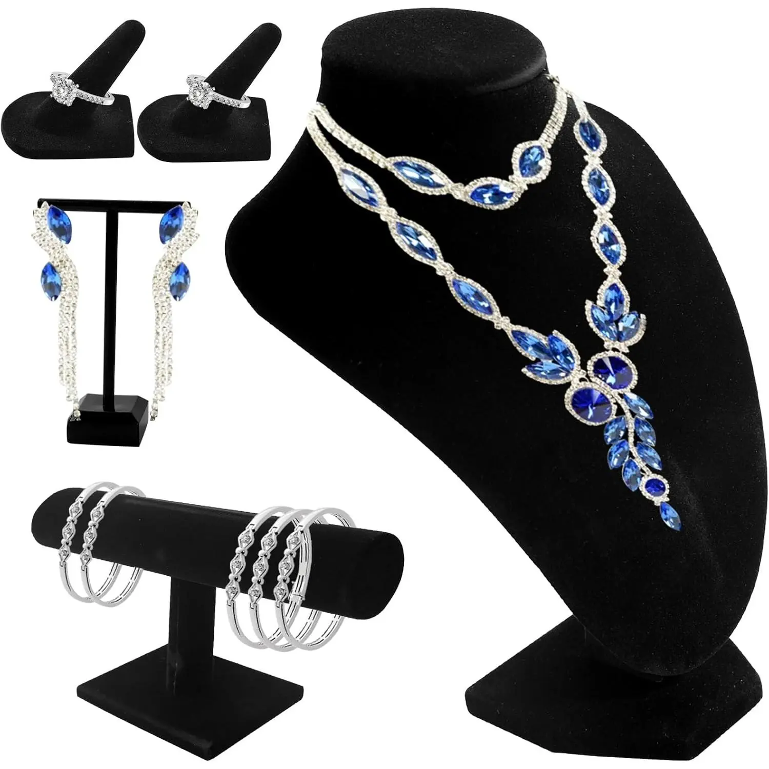 6 Pcs Velvet Jewelry Display Set- Velvet Necklace Bust Holder Mannequin Bust & T-Bar 2 T Shape Earring Stand 2 Ring Finger Jewelry Holder Bracelet Organizer for Jewelry Showcase