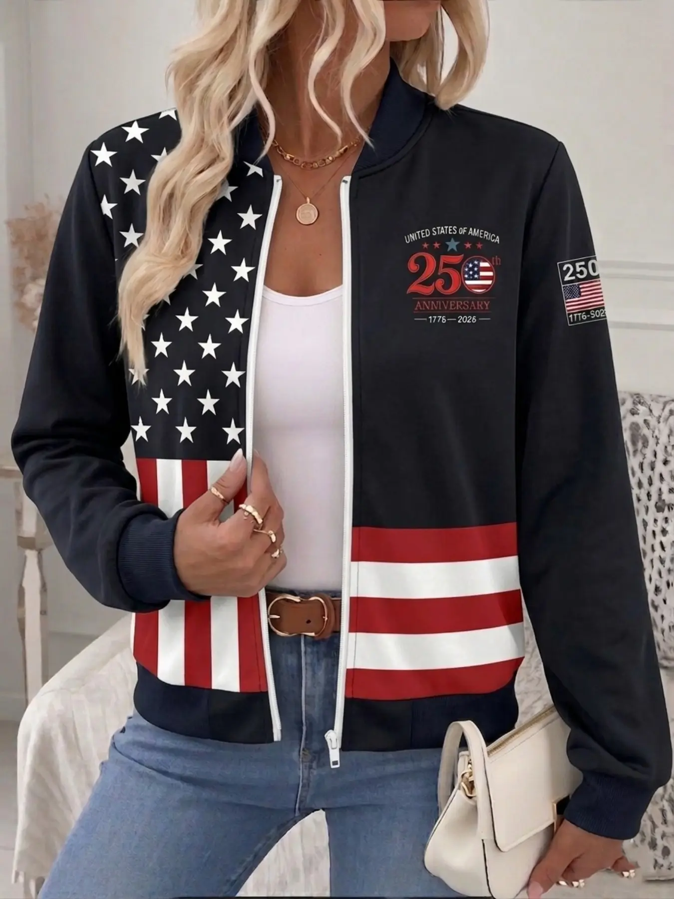 Vintage American Flag Baseball Jacket for Women, Casual Fashionable Jacket, Usa 250th Anniversary Badge Sleeve Print, Stand Collar Front Zipper, Soft Lightweight Long Sleeve Patriotic Coat, Fashion Casual Outerwear